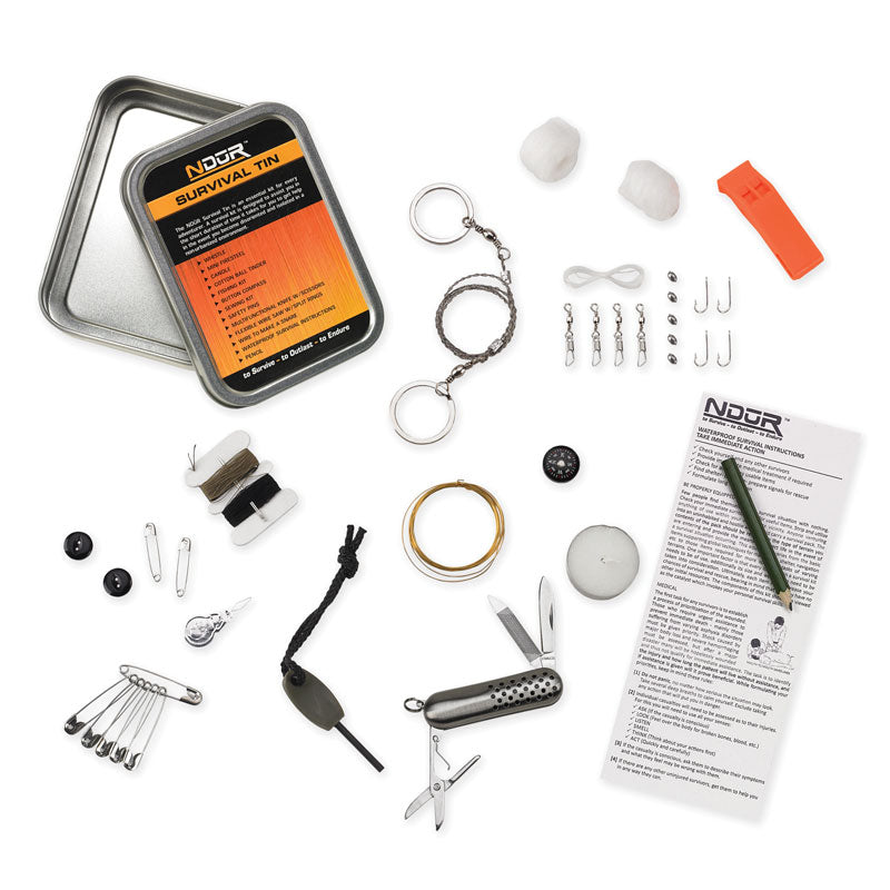 NDuR Emergency Survival Kit - Compact & Durable Survival Tin for Outdoor Adventures, Camping, Hiking & Emergency Preparedness