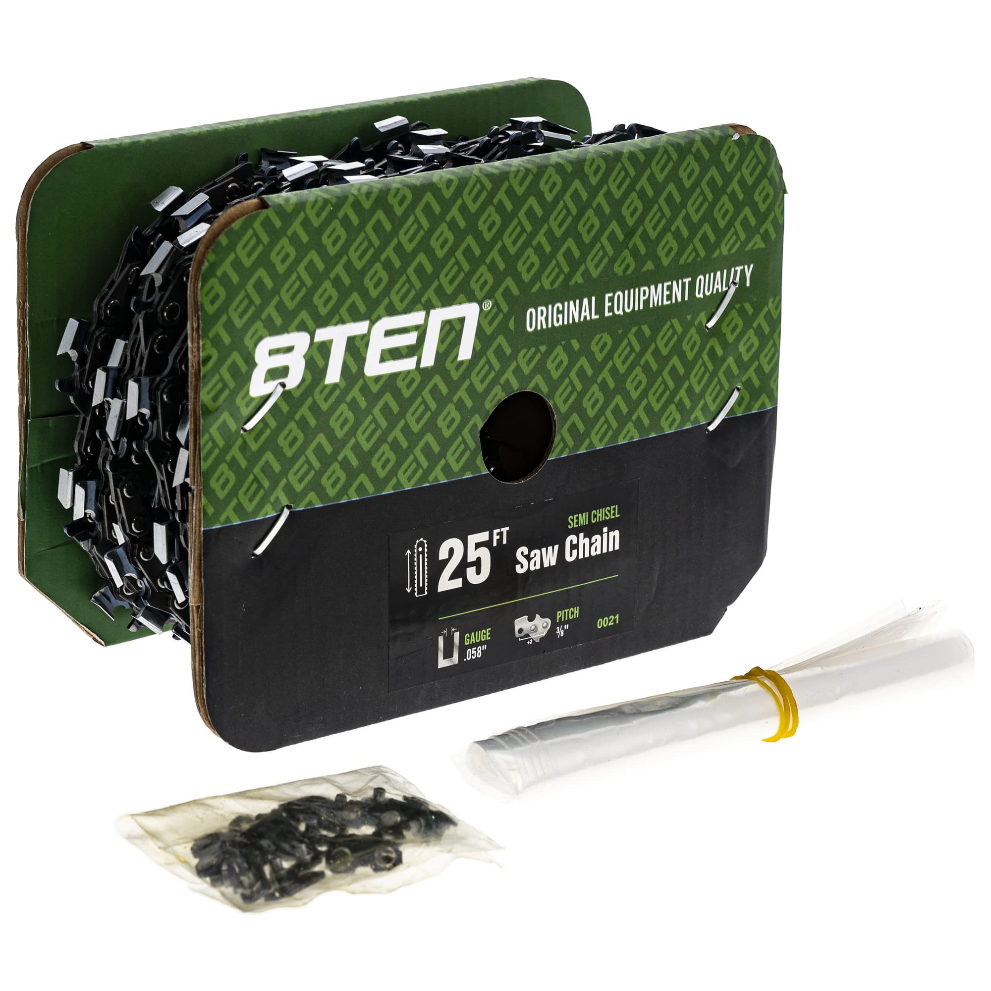 8TEN Bulk Chainsaw Chain Reel - Semi Chisel 25ft .058 Gauge 3/8 Pitch for Professional Wood Cutting & Tree Trimming
