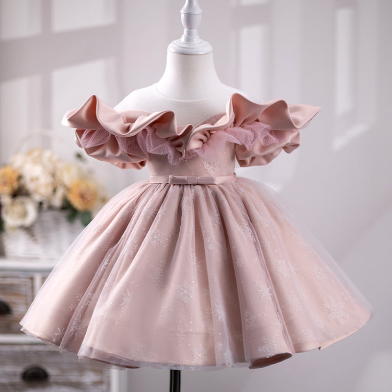Elegant Pink Puffy Princess One Shoulder Dress for Baby Girls - Perfect for Baptism, Christening, and Special Occasions