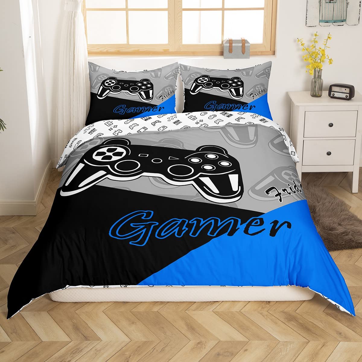 Feelyou Gamer Duvet Cover Set - Twin Size Video Game Themed Bedding for Boys & Teens - 2 Piece Set with Duvet Cover & Pillowcase (Black/Blue/Grey) - Perfect for Gaming Room Decor, Teen Bedroom, and Gift for Gamers