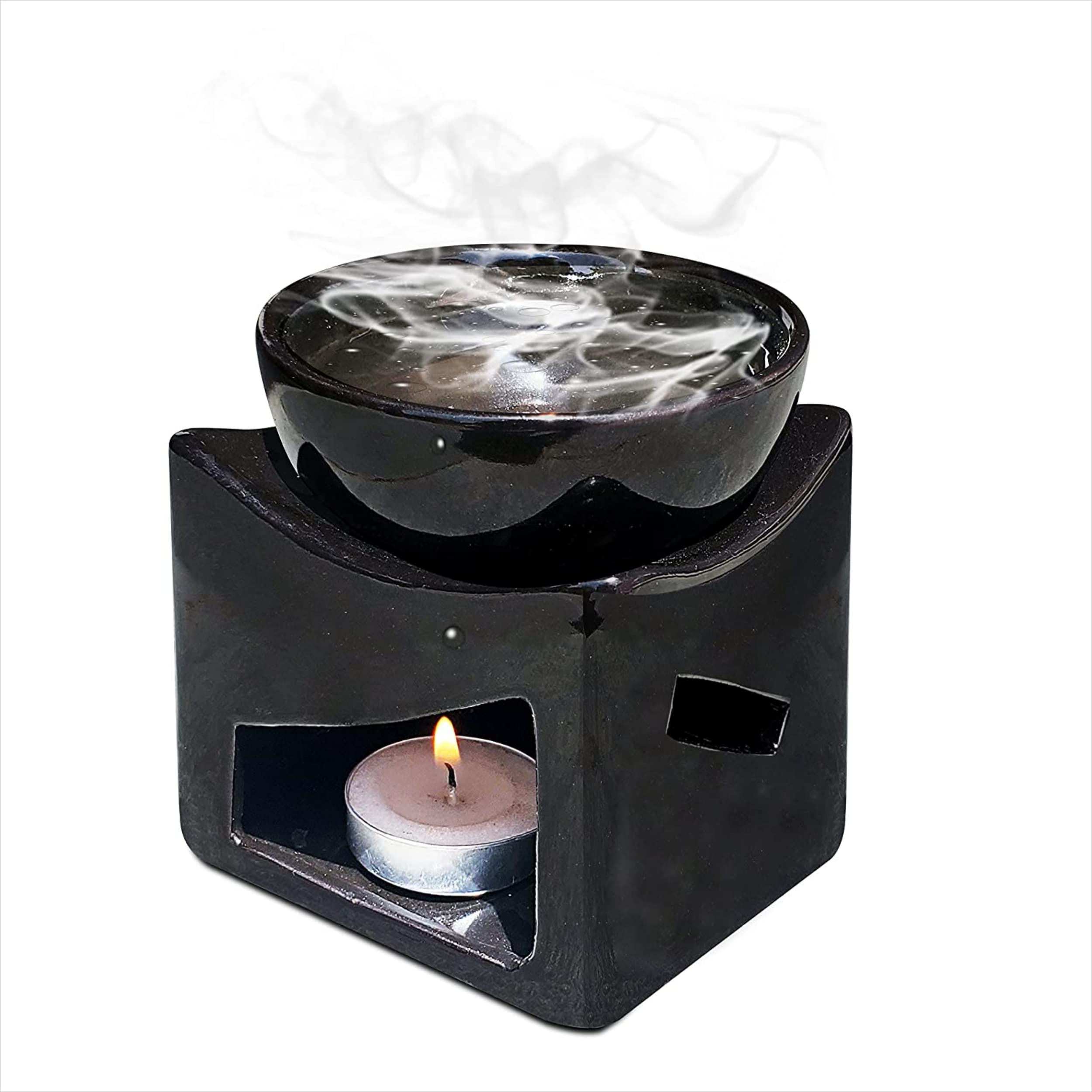 Pure Source India Ceramic Clay Aroma Oil Diffuser & Candle Holder - 4.25 Inch Extra Large Bowl with Tealight (Black) - Perfect for Aromatherapy, Home Decor, Yoga & Meditation Spaces