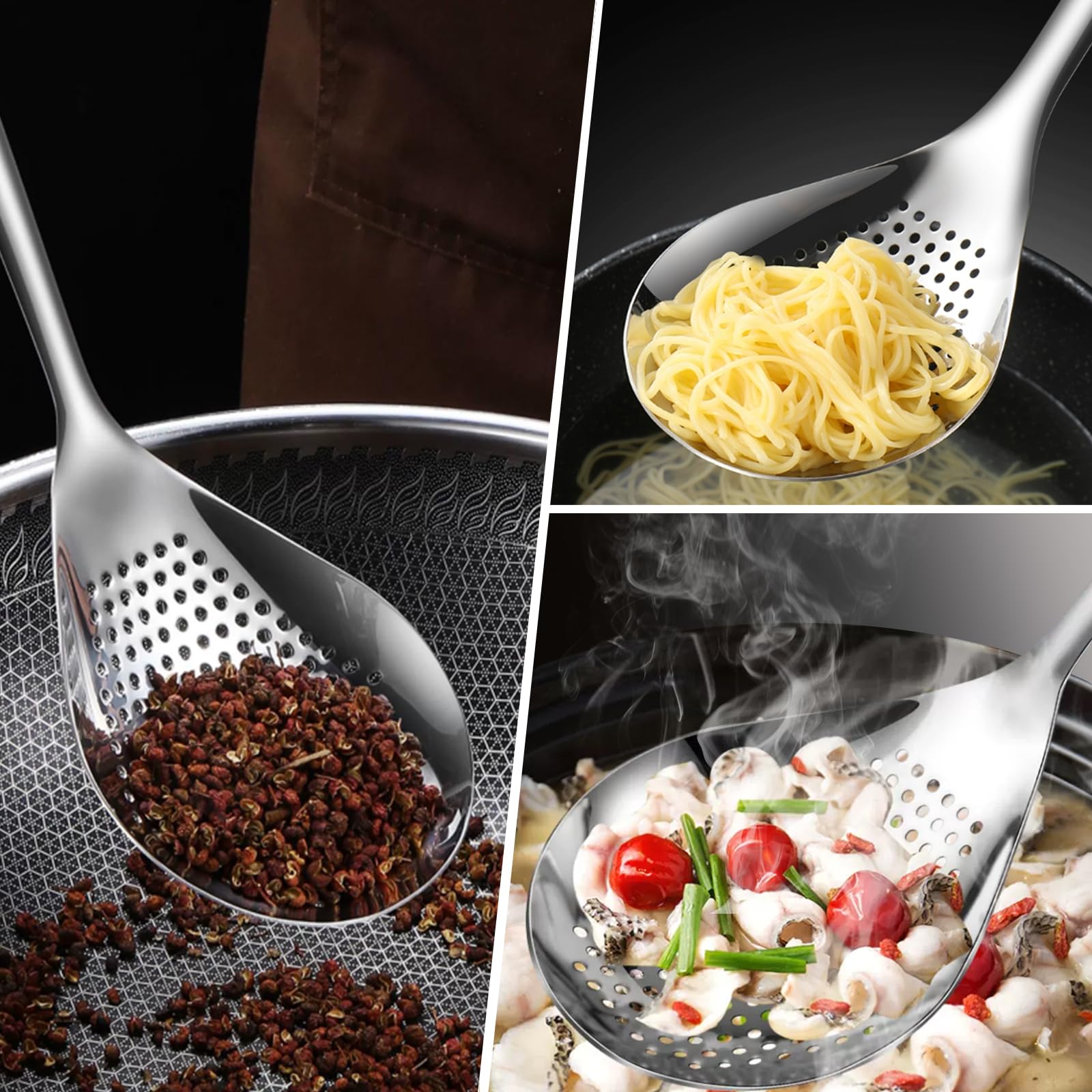 KAYCROWN 2-Pack Stainless Steel Skimmer Slotted Spoon - Pasta Spider Strainer Ladle for Frying, Cooking & Deep Frying - Durable Kitchen Skimmer Colander for Pasta, Dumplings, Noodles & Tempura - Perfect for Home Chefs & Restaurants