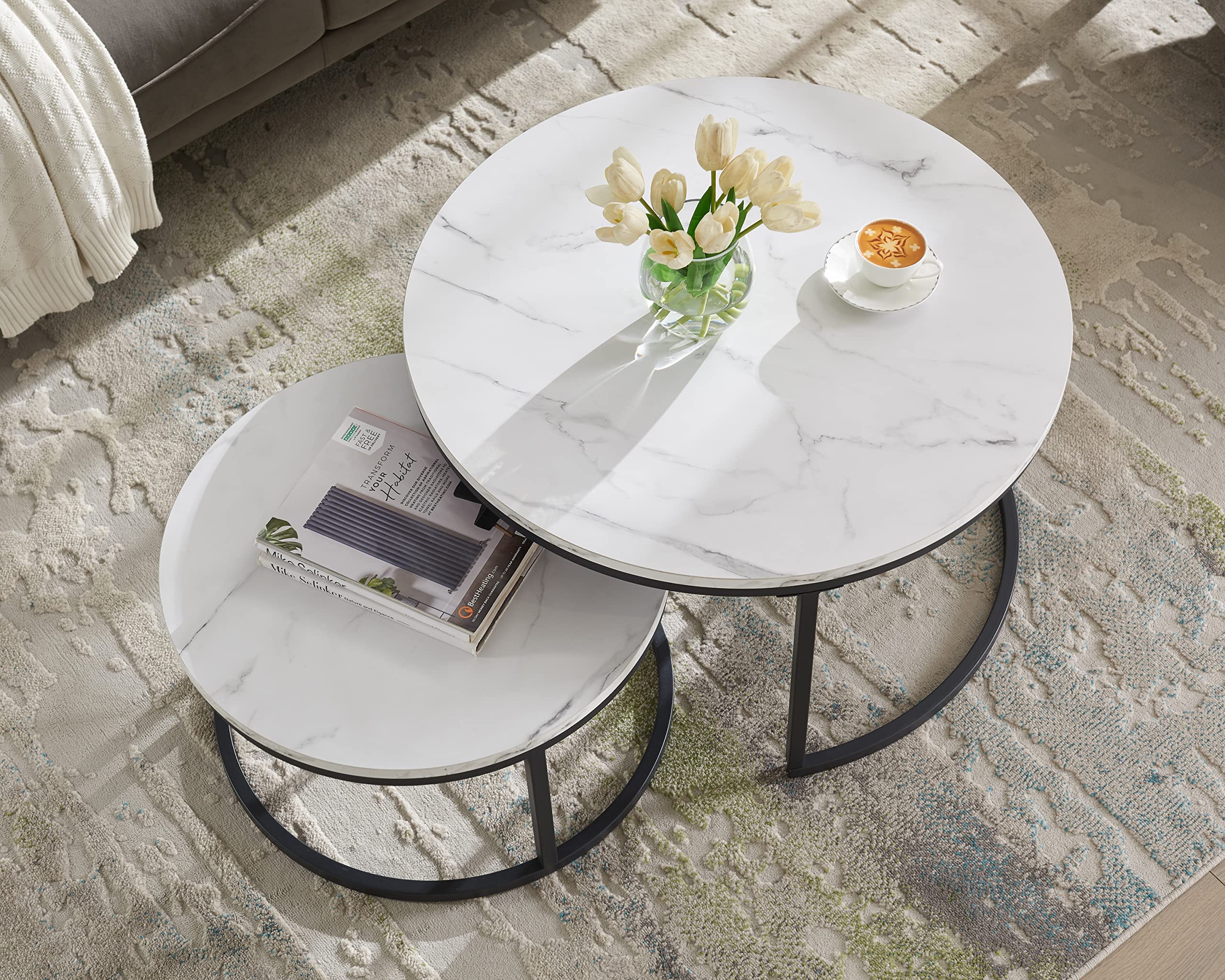 Modern Round Nesting Coffee Table Set of 2 - Mid Century Wood Accent with Faux Marble Tabletop & Black Frame - Perfect for Living Room, Office, Balcony - Great Gift for Thanksgiving & Christmas - Ideal for Small Spaces & Home Decor (White)