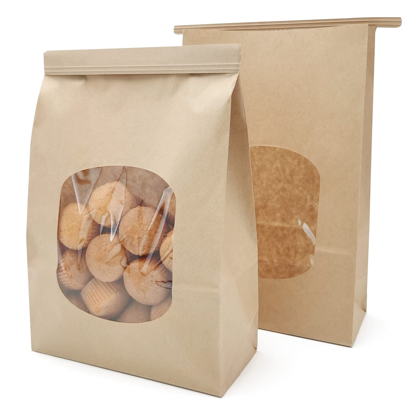 LASOA 25Pcs Kraft Paper Bags with Window - 6x2.8 Inch Bakery Bags with Tin Tie Lock for Cookies, Coffee, Treats & Popcorn | Eco-Friendly Party Favor Bags for Halloween, Thanksgiving & Christmas | Perfect for Gift Packaging, Snack Storage & Holiday Celebrations