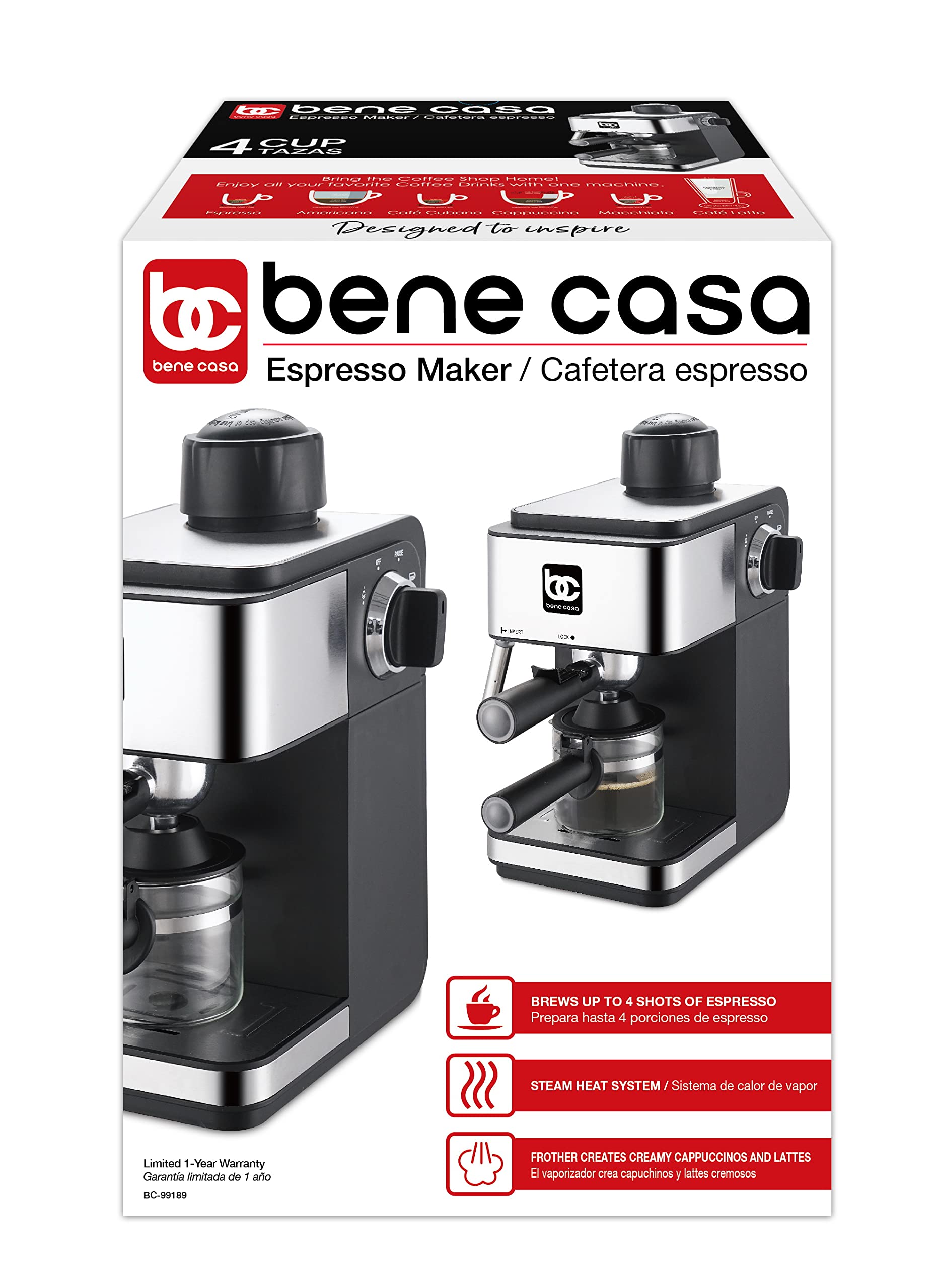 Bene Casa BC-99189 4-Cup Stovetop Espresso Maker - Perfect for Home, Office & Camping Coffee Brewing