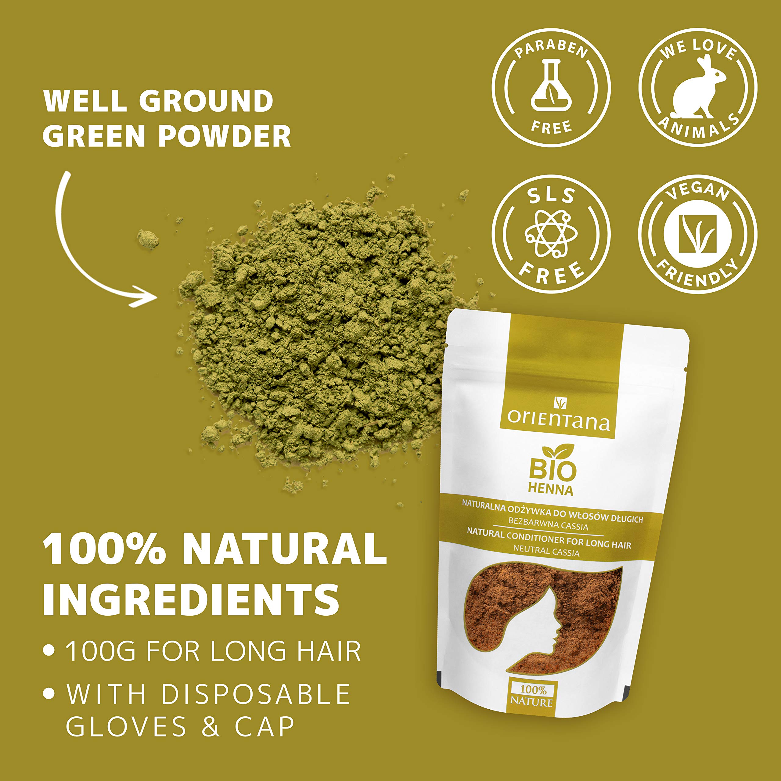 Orientana - 100% Natural Vegan Bio Hair Henna Neutral Powder | Herbal Hair Dye & Conditioner for Long Hair | Enhances Shine, Volume & Natural Highlights | No Coloring | 100g | Perfect for Natural Hair Care, Vegan Lifestyle & Chemical-Free Styling