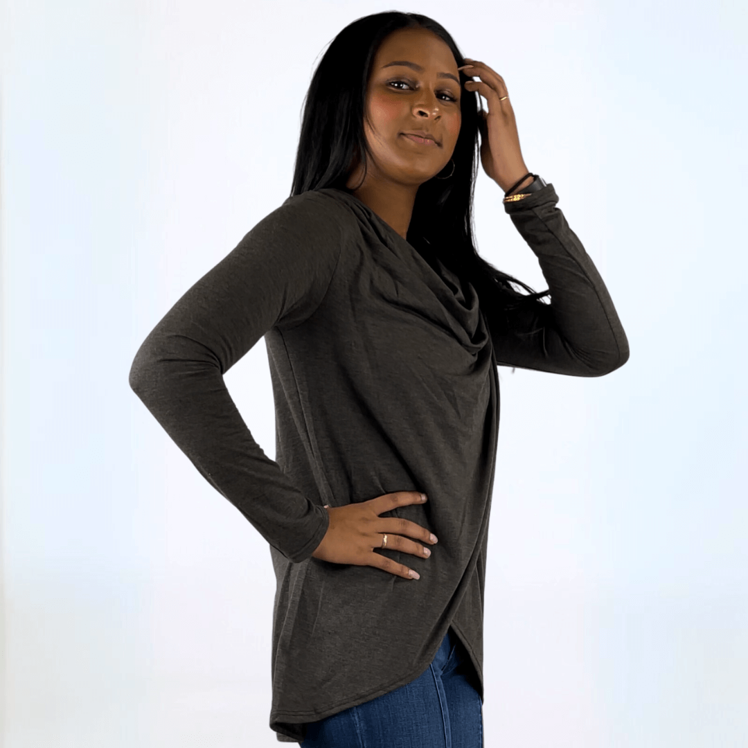 Stylish Cross Over Draped Cowl Neck Top - Premium Made in USA Women's Fashion Blouse for Work, Date Night & Special Occasions