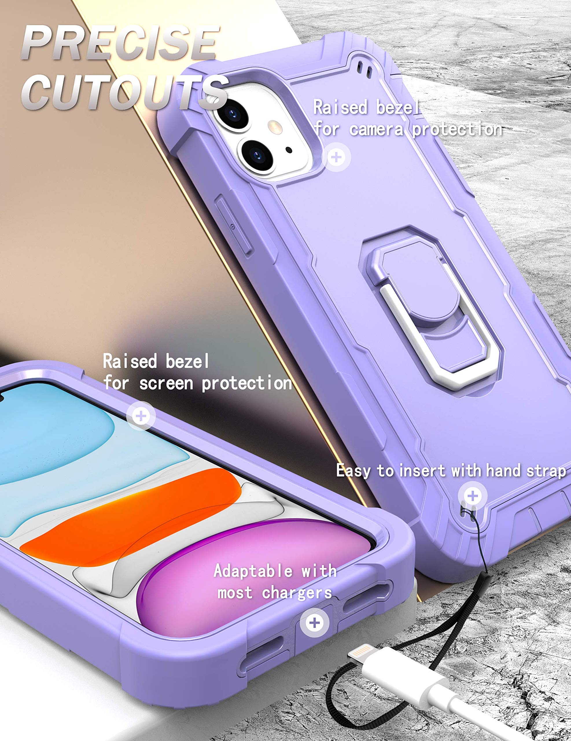 **ASUWISH Shockproof Hybrid Phone Case for iPhone 11 (6.1 Inch) with Ring Holder Stand - Heavy Duty Full Body Protection - Perfect for Women & Men (Purple) - Ideal for Outdoor, Travel & Daily Use**