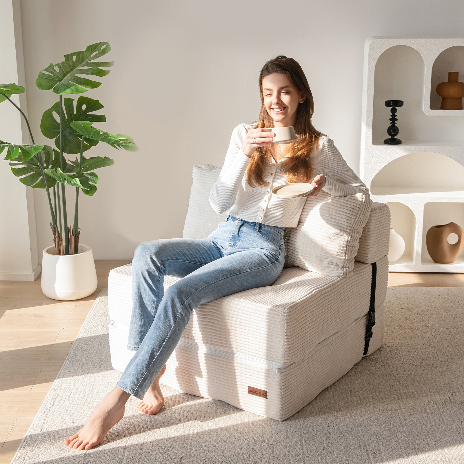 MAXYOYO Folding Sofa Bed - Convertible Sleeper Sofa with High Density Support Foam for Living Room & Bedroom (Beige) | Perfect for Small Spaces, Guest Rooms & Apartments