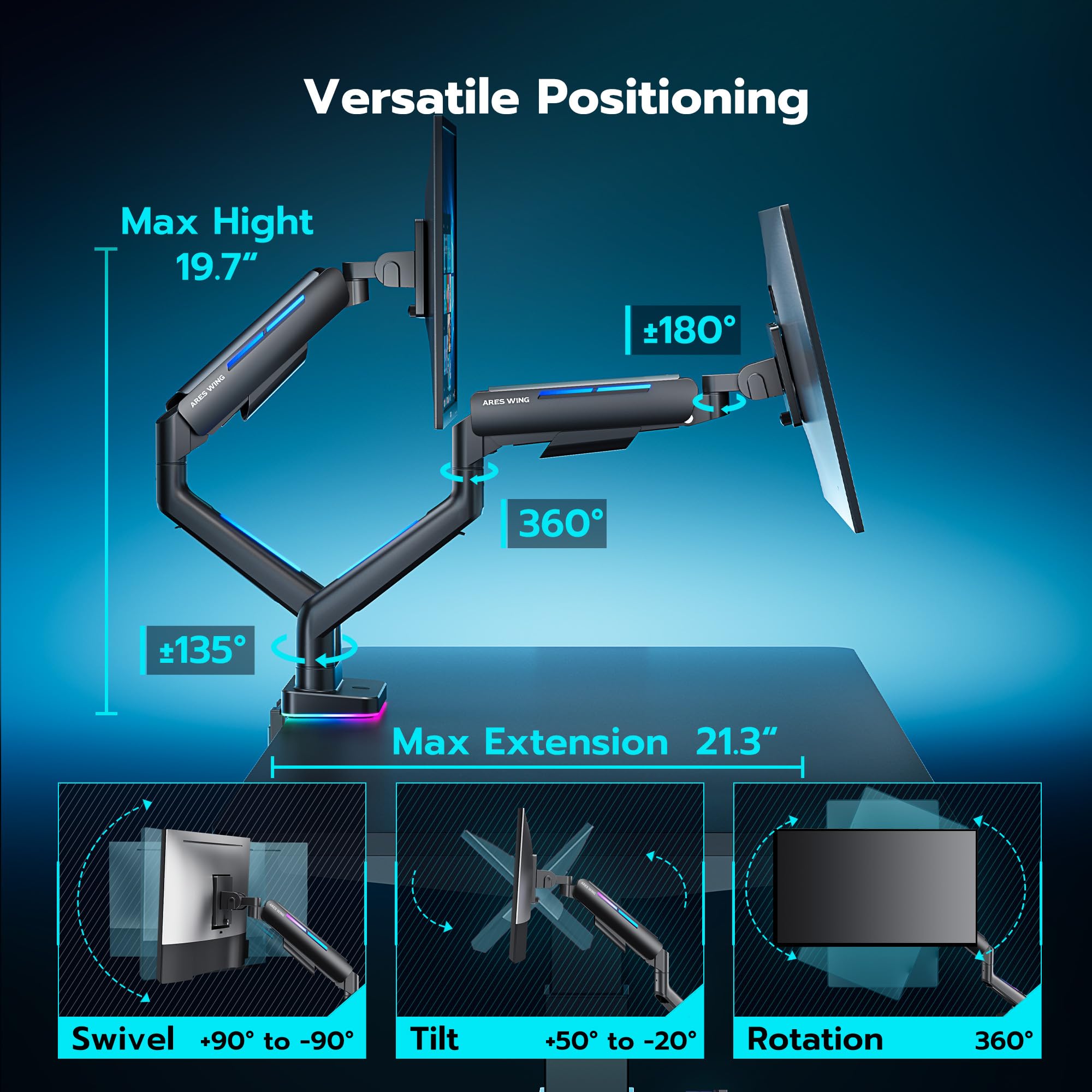 ARES WING Dual Monitor Arm Stand for 17-35 Inch Screens - Heavy Duty Adjustable Gas Spring RGB Monitor Mount with Clamp/Grommet Base, 75/100mm VESA Compatible - Perfect for Gaming Setup, Home Office & Workstation (Black)