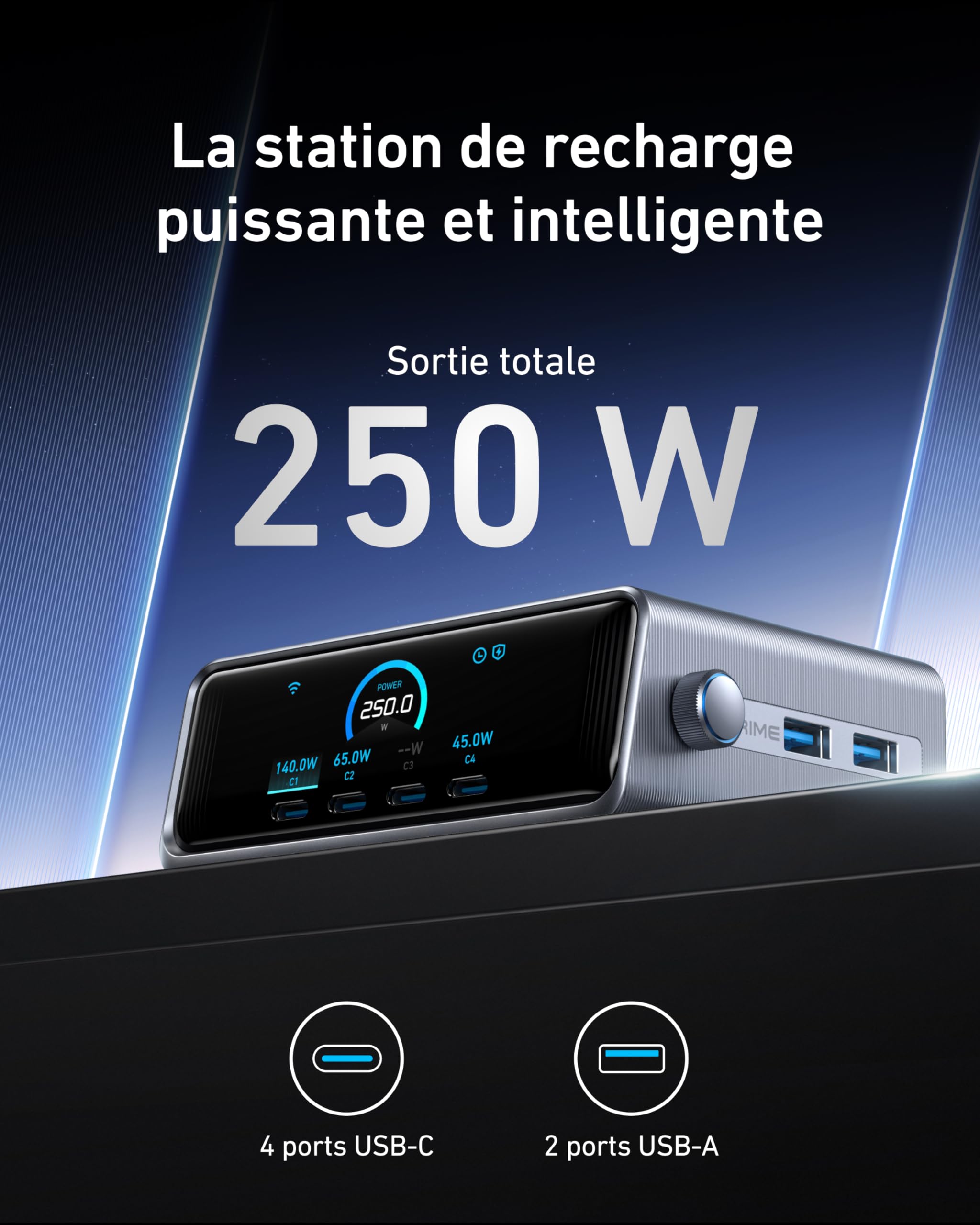 Anker Prime 250W 6-Port GaN USB C Fast Charging Station with LCD Display & Smart Control Wheel - Compatible with MacBook Pro/Air, iPhone 16/15/14, Pixel, Galaxy, Apple Watch - Perfect for Home, Office & Travel Charging Multiple Devices Simultaneously