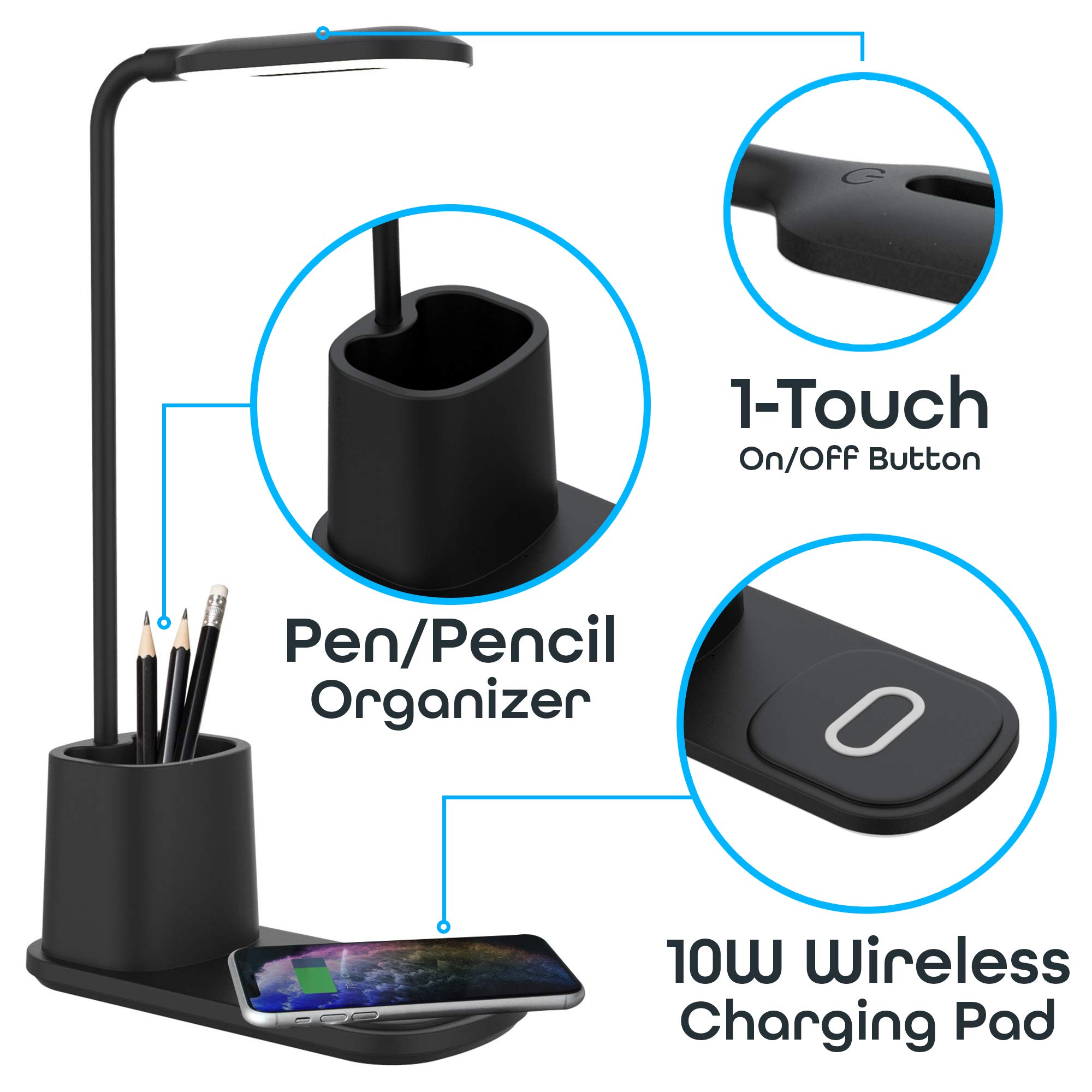 Aduro U-Light LED Desk Lamp with Wireless Charger - Dimmable Eye-Caring Light, 3 Brightness Levels & Organizer - Perfect for Home Office, Study & Reading (Black)