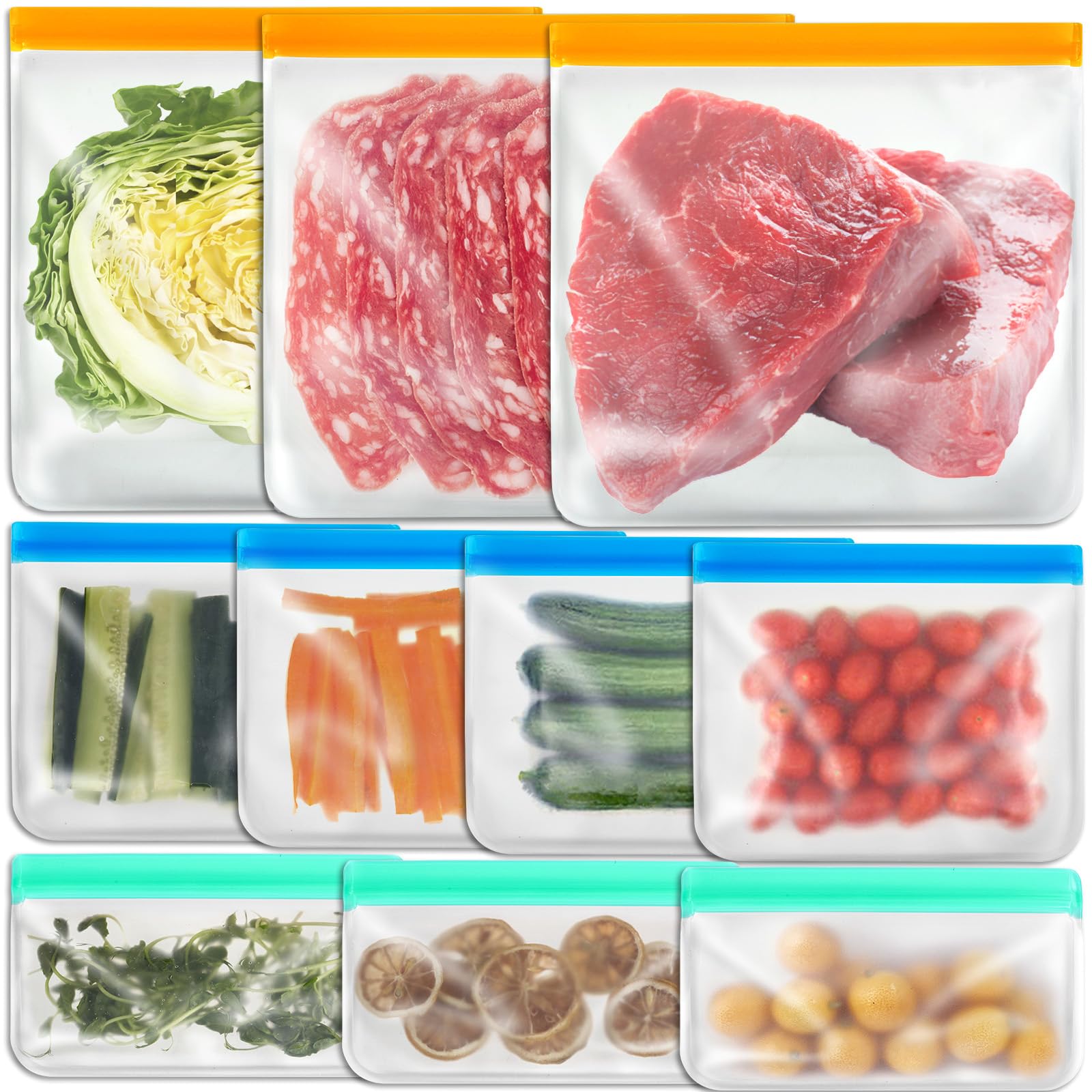10-Pack Reusable Silicone Food Storage Bags Set - 3 Gallon Freezer Bags, 4 Sandwich Bags & 3 Snack Bags | Eco-Friendly Kitchen Organizer for Meal Prep, Lunch, Fridge & Freezer Storage | Perfect for Home, Office & Travel Use
