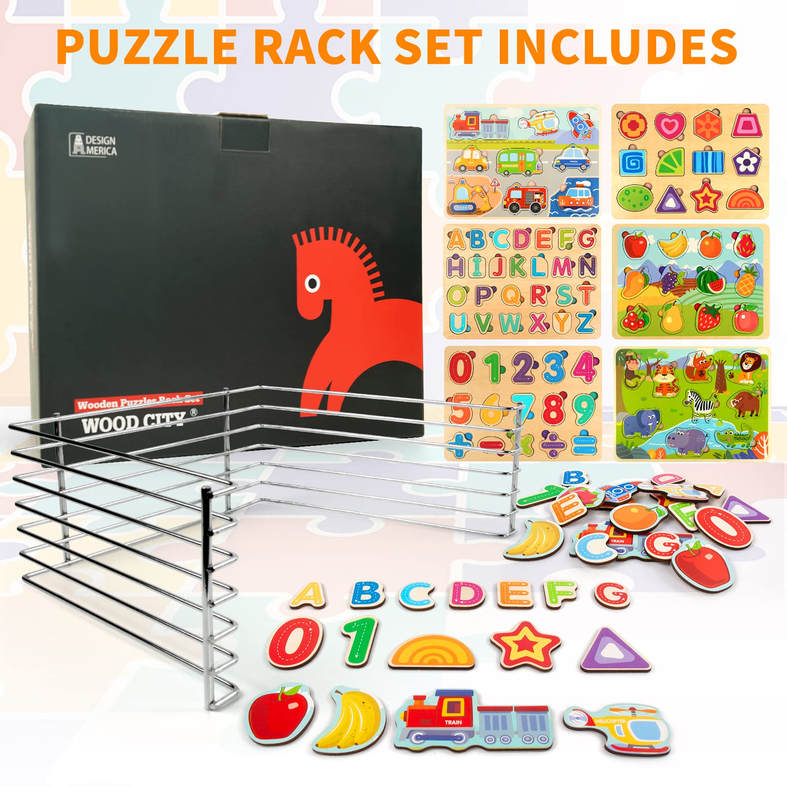 Wooden Puzzles for Toddlers 3-6 with Storage - 6 Pack for Preschool Learning | Playroom & Classroom Use