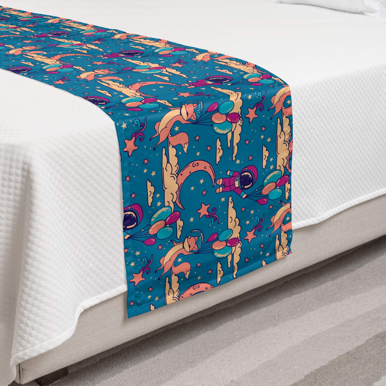 Ambesonne Cartoon Bed Runner Set - Astronaut & Fox with Balloons in Starry Sky, Decorative Bed Scarf & Pillow Sham for Queen Bed - Perfect for Home Decor, Hotel Styling & Gift Giving
