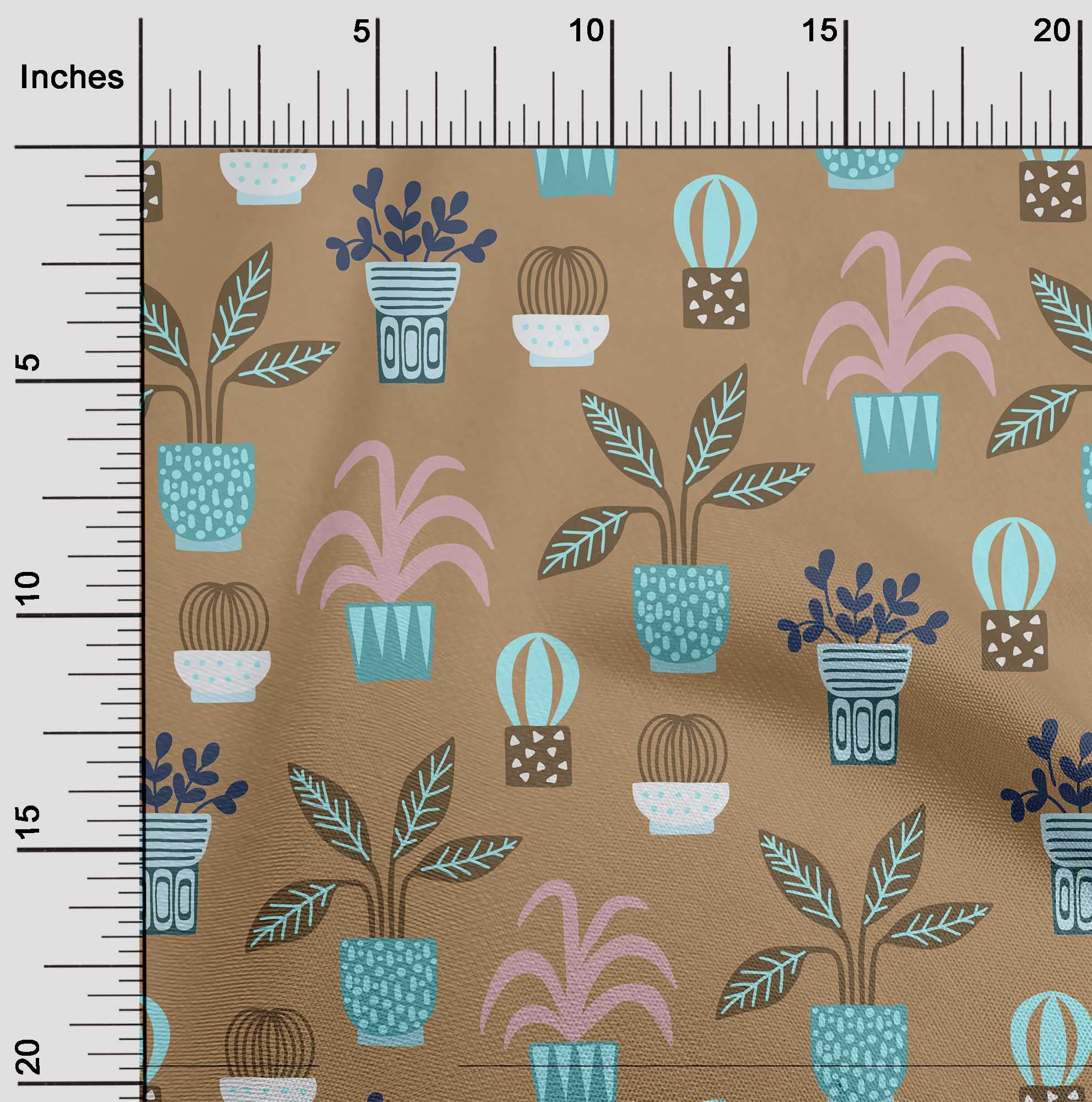 oneOone Cotton Poplin Brown Fabric with Flower Pots Motif - 56 Inch Wide Printed Sewing Material for DIY Clothing, Home Decor & Craft Projects | Perfect for Dresses, Curtains, Quilting and Upholstery