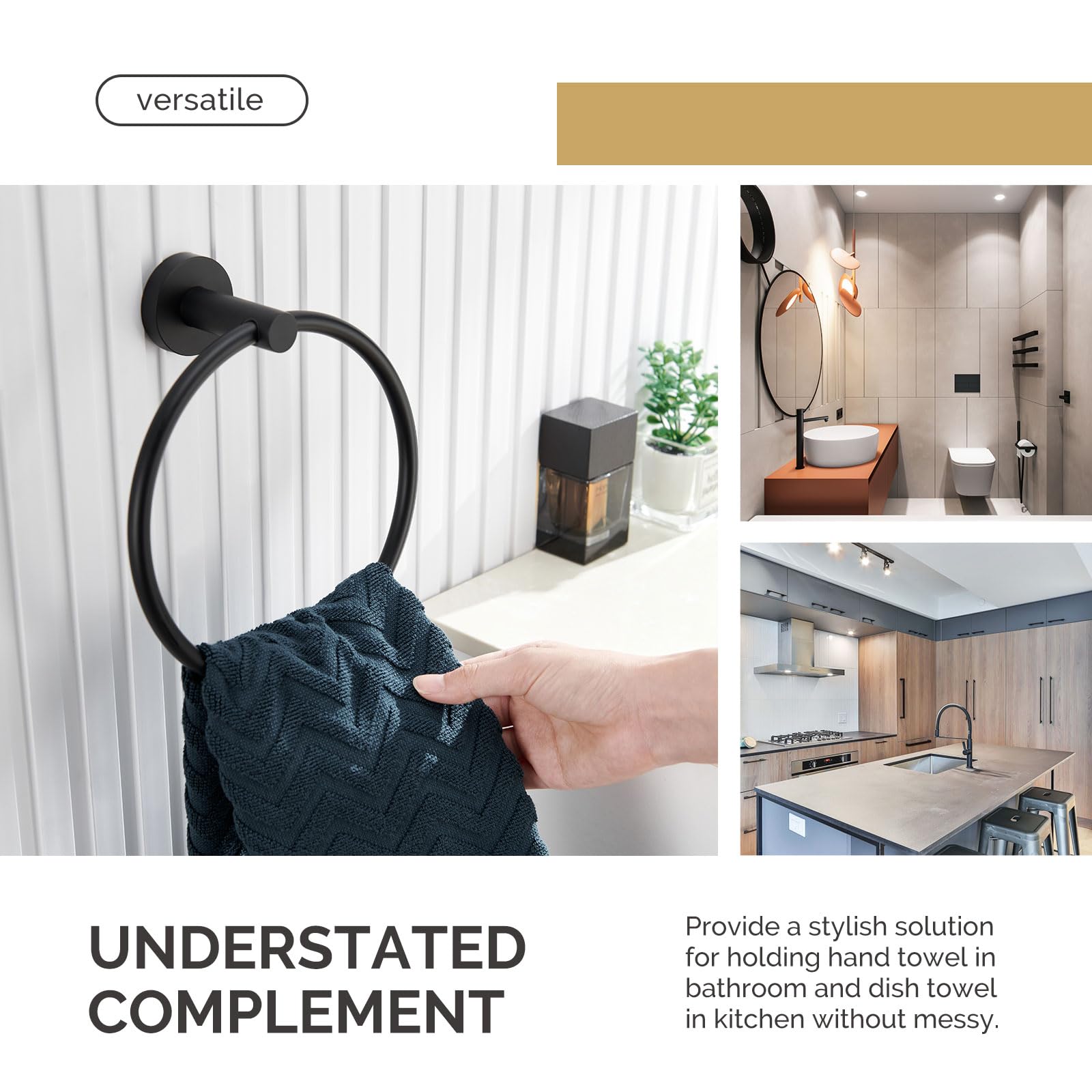 Matte Black Stainless Steel Towel Ring - Wall Mounted Bathroom Hand & Face Towel Holder for Modern Homes - Perfect for Bathrooms, Kitchens, and Powder Rooms