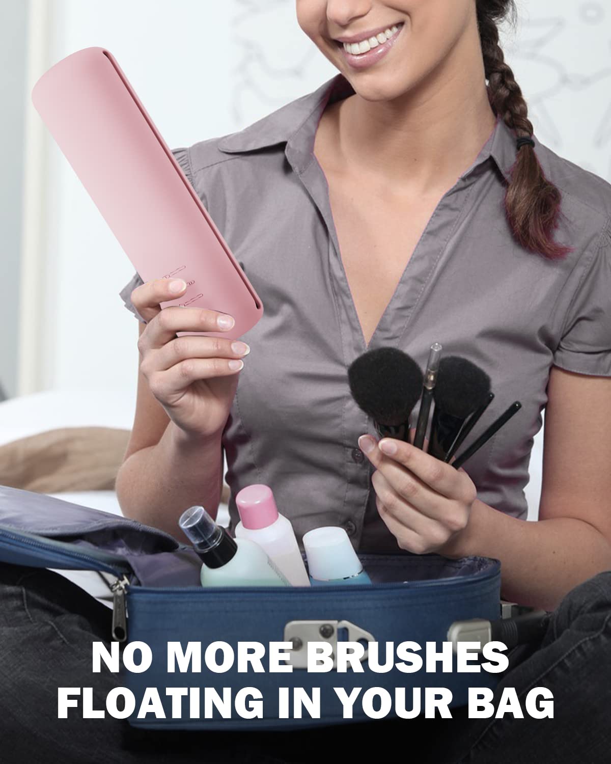 BEZOX Travel Makeup Brush Holder - Silicone Magnetic Closure Makeup Brush Case, Compact Waterproof Cosmetic Brush Bag for Women - Pink | Perfect for Travel, Gym & Daily Organization