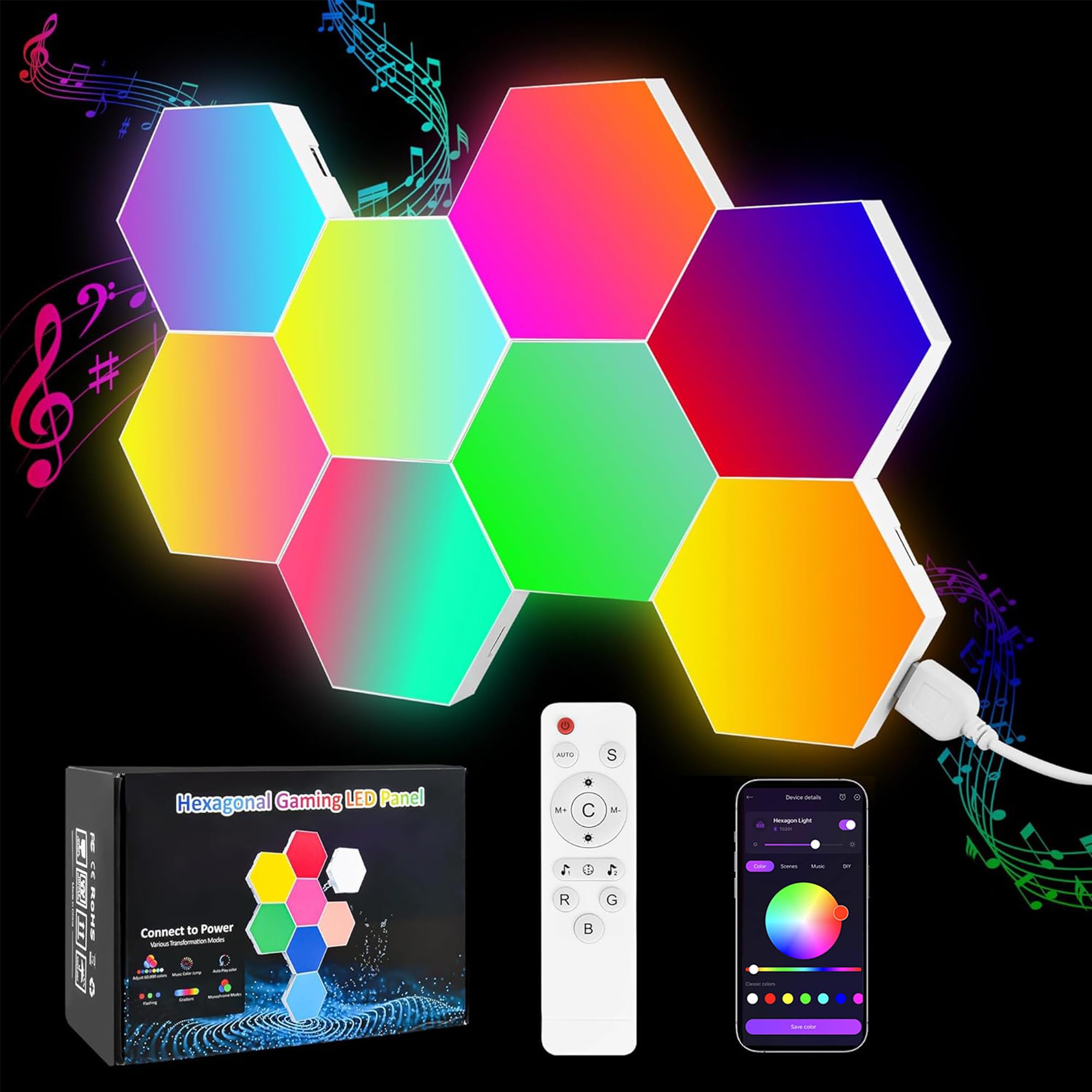 8 Pack DIY Hexagon LED Lights - Music Sync RGB Smart Wall Lights with APP Control for Gaming Room, Bedroom & Living Room Decor - Perfect for Parties, Home Theater & Ambient Lighting