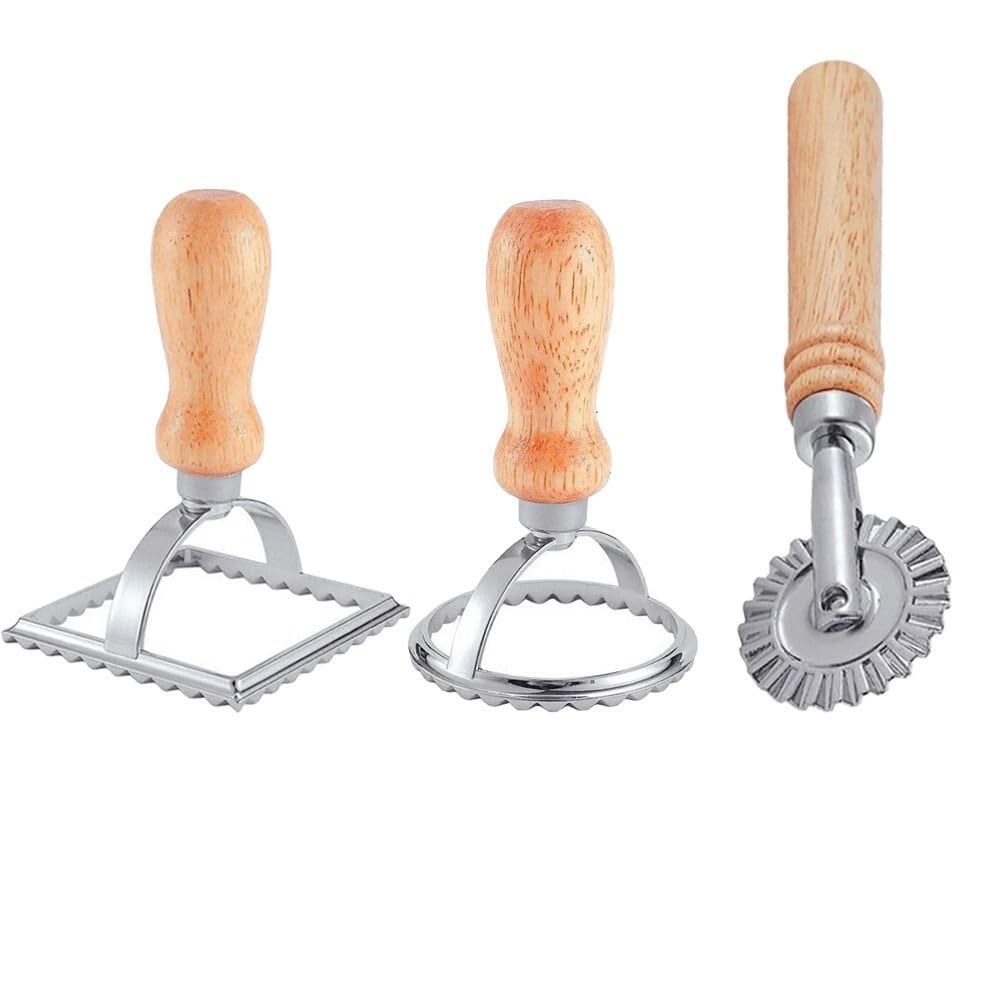 3PCS Ravioli Maker Stamp Cutter with Roller Wheel Set - Wooden Handle Pasta Mold with Fluted Edge for Homemade Dumplings, Biscuits & Italian Cuisine | Perfect for Kitchen, Cooking Enthusiasts & Gift Giving