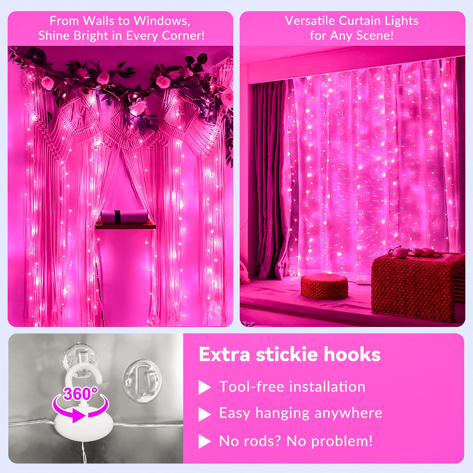 300 LED Pink Fairy Curtain Lights with Remote - 8 Lighting Modes & Timer, 9.8x9.8ft USB Plug-in String Lights for Bedroom, Outdoor, Wedding, Party, Garden Decor | Romantic Ambiance, Holiday & Event Lighting