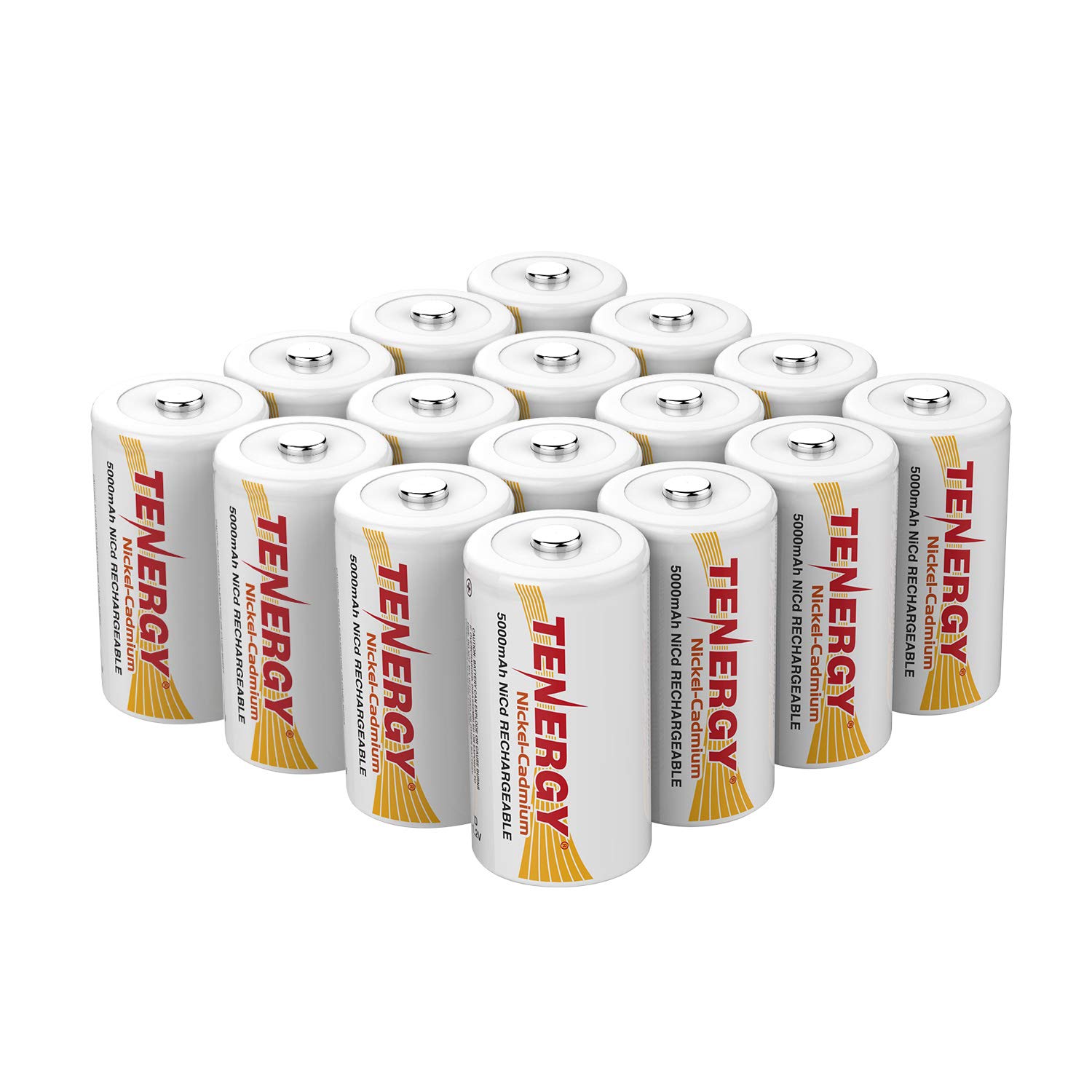 Tenergy D Size 5000mAh NiCd Rechargeable Batteries with Button Top - 16 Pack for Flashlights, Toys, and Emergency Power Backup