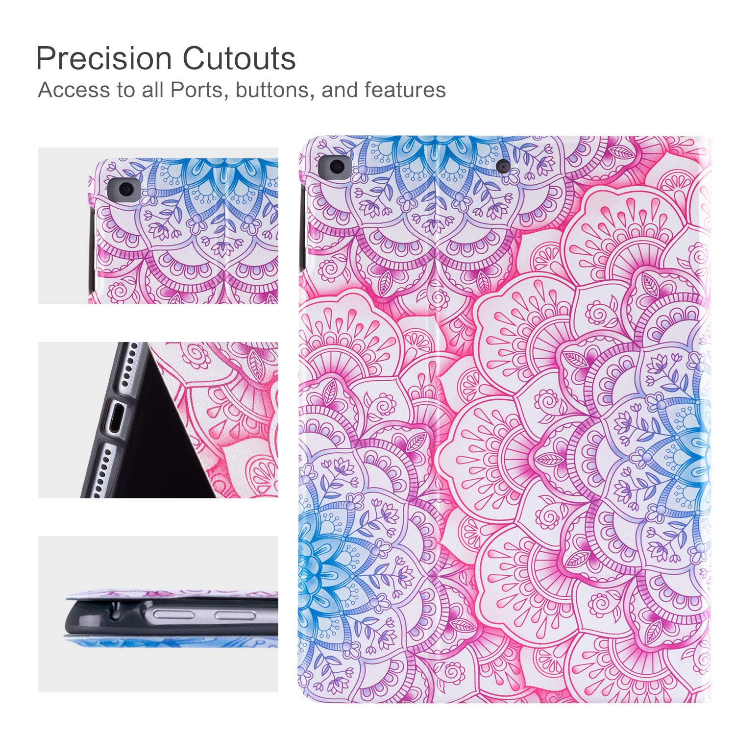 Premium Leather Folio Stand Cover for iPad 9.7 Inch (2017/2018), iPad Air & iPad Air 2 - 6th/5th Generation Cases with Auto Wake/Sleep | Vimorco Blue Purple Mandala Design | Perfect for Work, Travel & Home Use