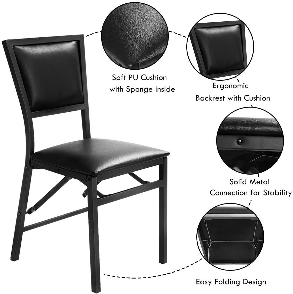 LDAILY Set of 2 Folding Chairs with Cushions - Metal Frame Mocha Kitchen Dining Chairs with Padded Seat & Backrest - Perfect for Home, Office, Restaurant, Outdoor, Camping, Picnic & Patio Use - Black