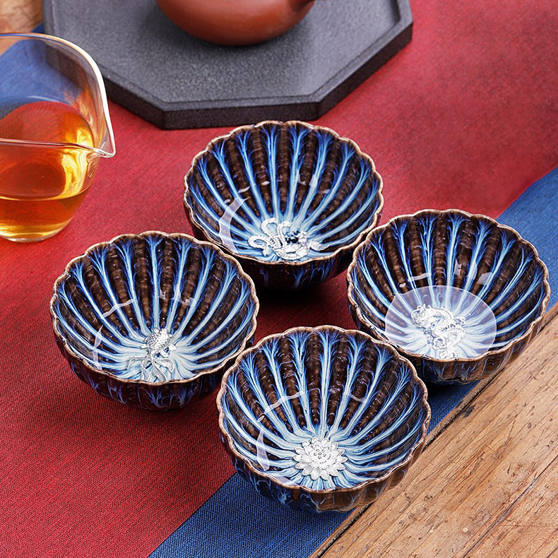 Handmade Jianzhan Blue Glaze Gongfu Tea Cup - Authentic Japanese Style Ceramic Teacup with Sterling Silver Rim - Perfect for Matcha, Green Tea, and Tea Ceremonies
