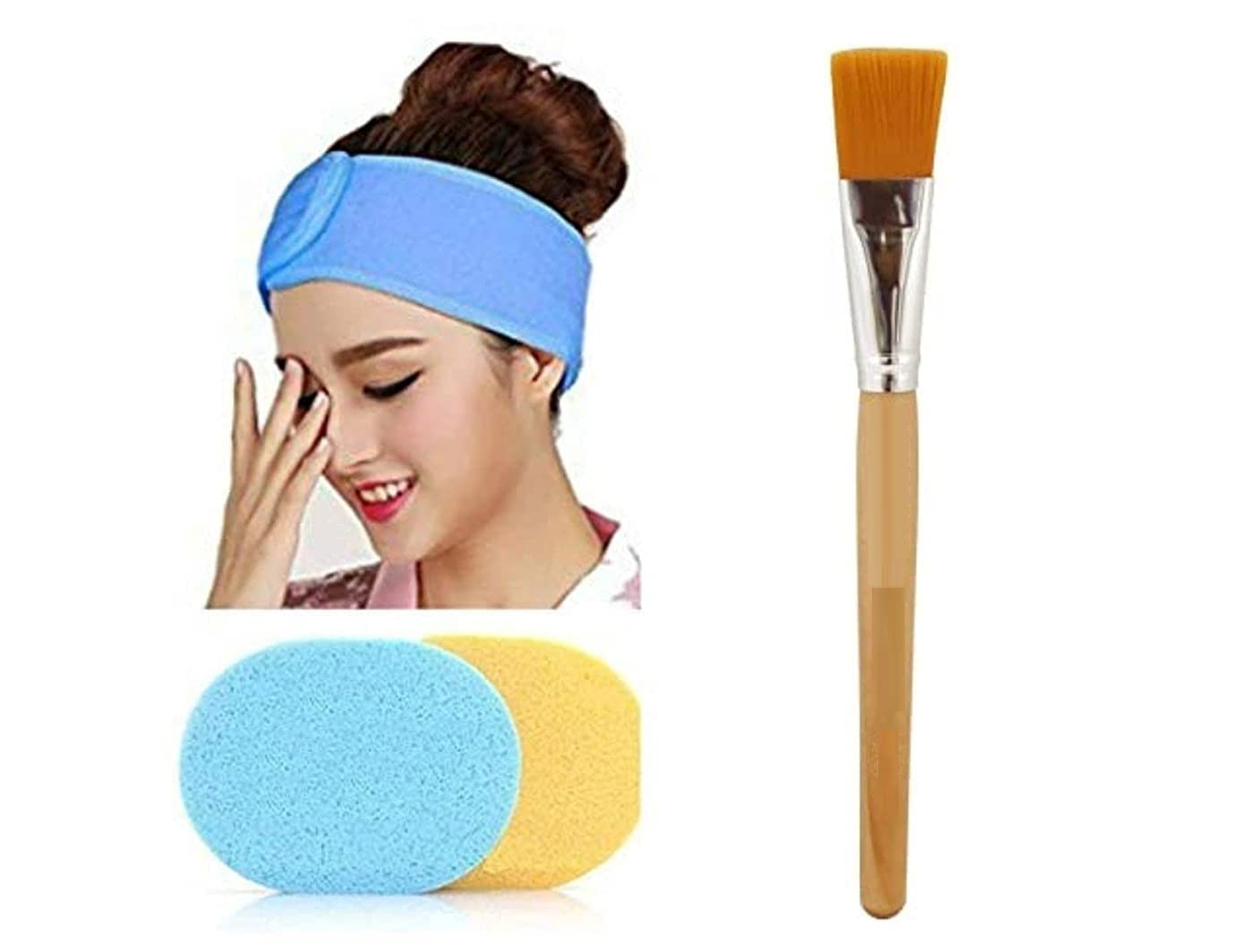Sweetpea 3-Piece Facial Care Set - Adjustable Polycotton Headbands, Face Pack Brush & Cleaning Sponges for Women | Spa, Skincare & Makeup Routine | Multicolor