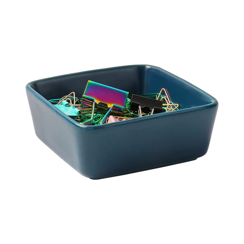 MEIYITAN Ceramic Paper Clip Holder - Navy Blue Square Desk Organizer for Office Supplies, Binder Clips & Paperclips | Stylish Desktop Accessory for Home & Office Organization