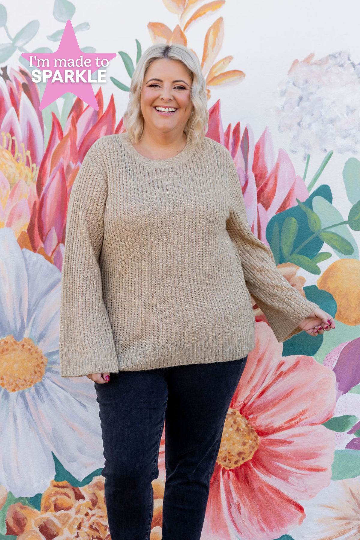 Regina Knit Sweater in Champagne Sparkle - Women's Elegant Sparkly Pullover for Party, Date Night & Holiday Outfits