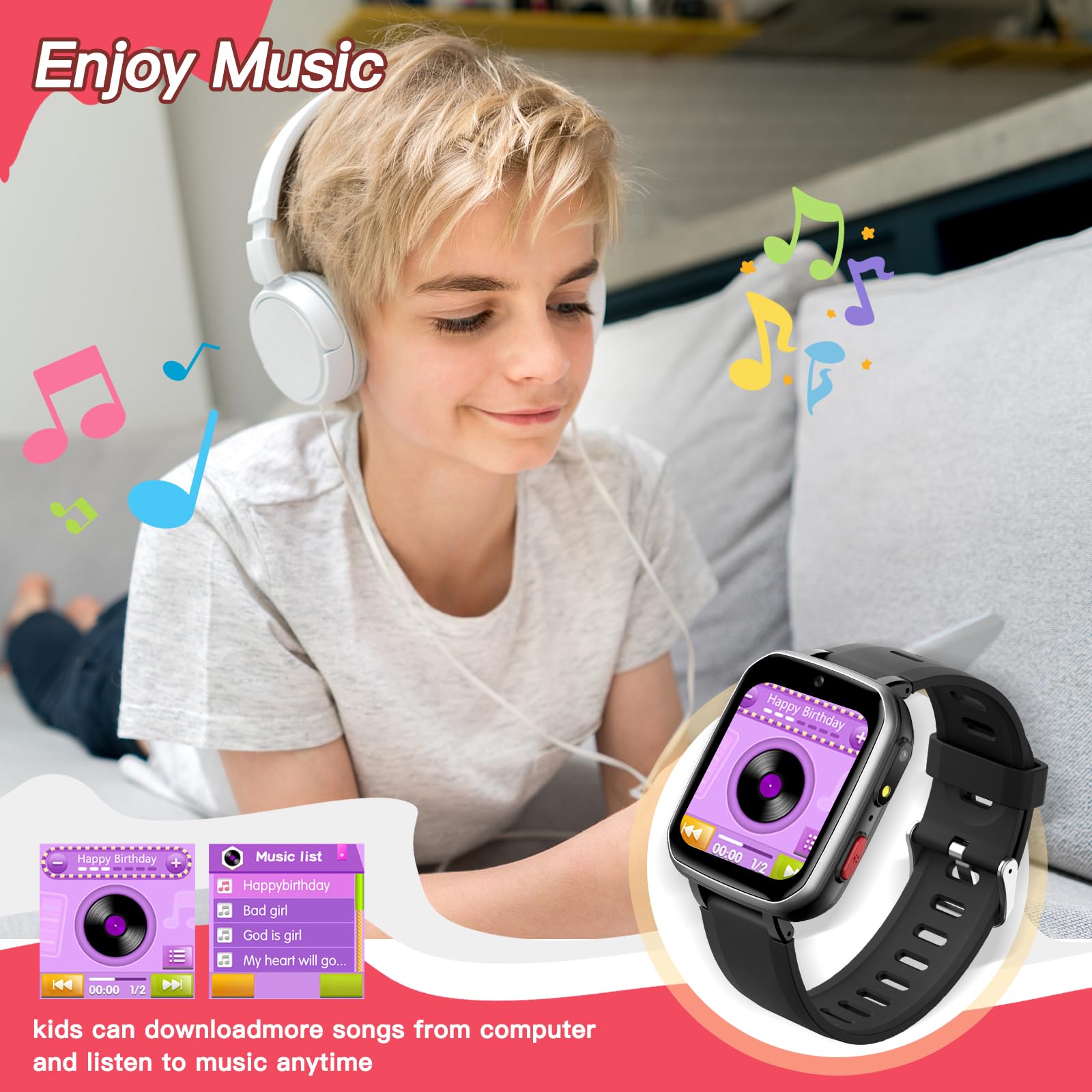 Kids Smart Watch for Boys & Girls Ages 6-12 - 15 Educational Games, Video Camera, Music Player, Pedometer & Flashlight | Learning Electronic Toy with Touch Screen | Perfect Birthday Gift for Kids (Black) - Ideal for School, Playtime & Outdoor Activities