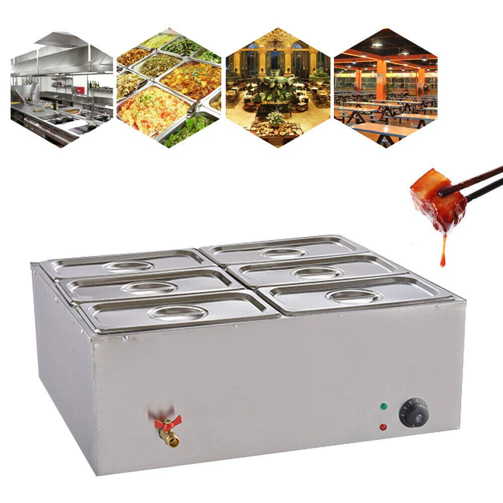 6-Pots Commercial Food Warmer 110V Electric Buffet Hot Plate - Stainless Steel Bain Marie with Lid for Catering, Restaurants & Outdoor Events - Perfect for Buffet Serving, Party Catering and Food Warming Stations