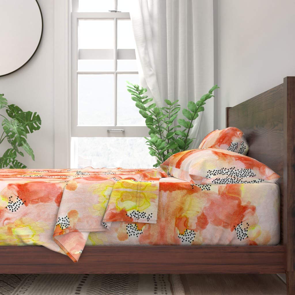 Abstract Orange Watercolor Coral Yellow Dreamy Modern Sunset Print 100% Cotton Twin 3-Piece Sheet Set | Custom Bedding for Nursery, Kids Room & Guest Bedroom | Soft Breathable Cotton Sheets for Comfortable Sleep