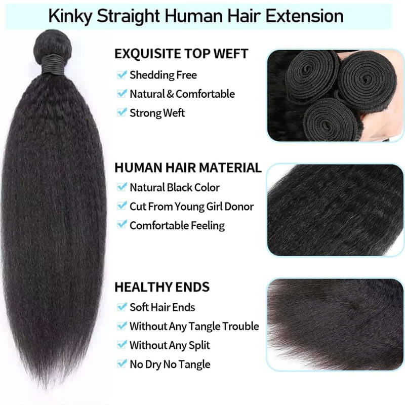 Eullair Kinky Straight Human Hair Bundles with Closure 3/4 PCS - 4x4 5x5 2x6 Lace Closure - 100% Remy Human Hair Extensions for Natural Look - Perfect for Styling, Weaving & Everyday Wear