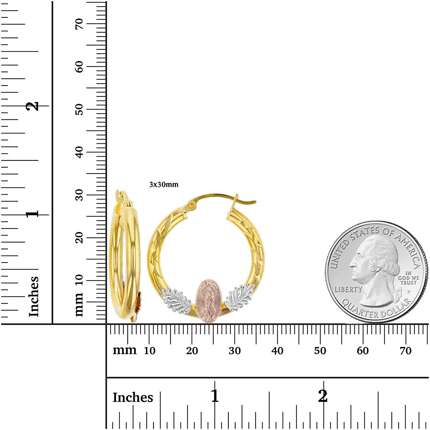 14K Tricolor Gold 3mm Thick Diamond Cut Flower, Virgin Mary, Lovebirds and Heart Hoop Earrings for Women | Hypoallergenic Hoop Earrings for Sensitive Ears | 25mm-30mm Small Gold Hoops | Perfect for Weddings, Anniversaries & Everyday Elegant Wear