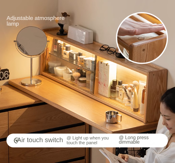 Solid Oak Wood Modern Extendable Dressing Table - Adjustable Vanity Desk for Makeup & Skincare - Perfect for Bedroom, Dorm, or Apartment
