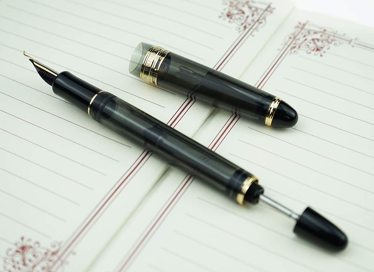 Lanxivi Yongsheng 699 Fountain Pen with Bent Nib (Fude Style) - Fine to Broad Line Variation, Vacuum Filling System, Transparent Gray Acrylic Body - Perfect for Calligraphy, Sketching & Journaling
