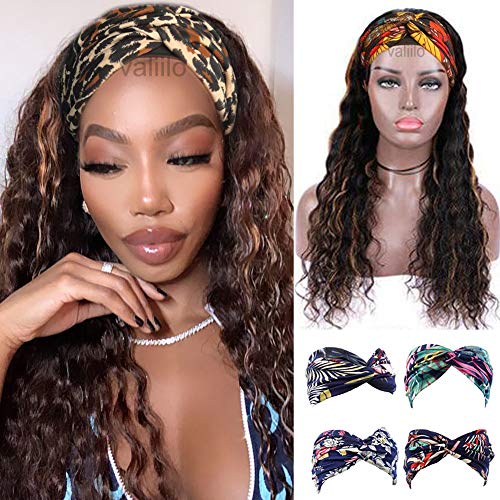 Brazilian Virgin Human Hair Wigs for Black Women - 150% Density Glueless Headband Wig with Deep Wave Curls | Natural Black to Auburn Highlights (16