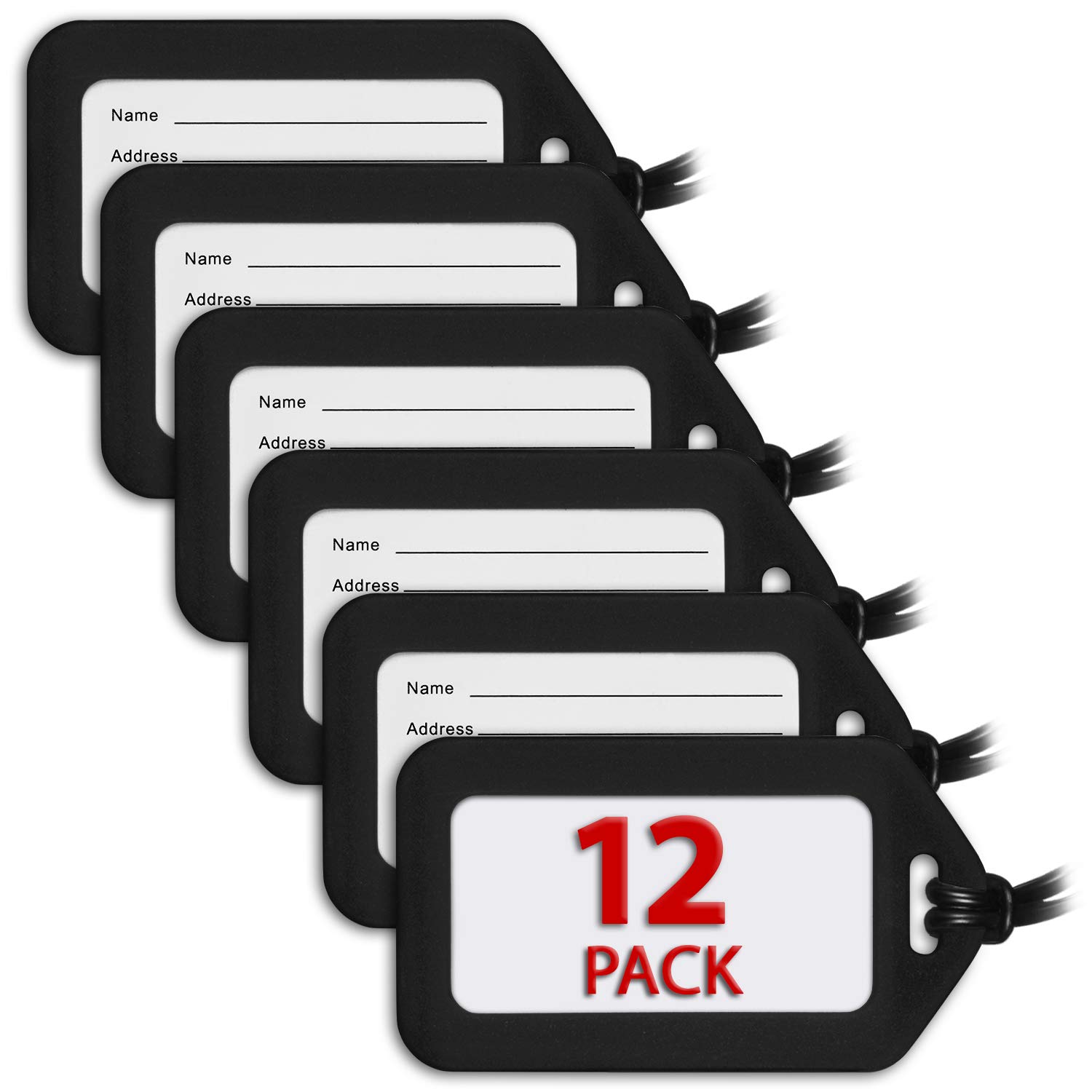 MIFFLIN Black Luggage Tags (12 Pack) - Durable Baggage Tags for Suitcases, Travel Bags & Backpacks - Perfect for Airports, Cruises & Business Trips