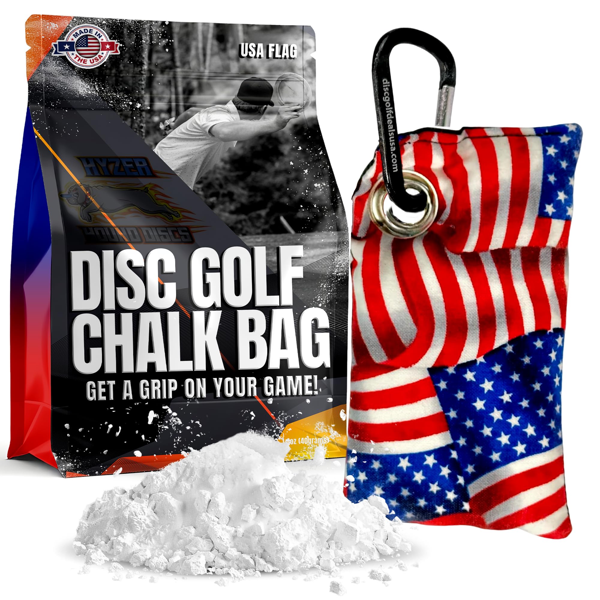 HYZER HOUND DISCS Disc Golf Chalk Bag - Moisture Absorbing Hand Grip Enhancer with Carabiner Clip for Golf Bags | Summer Heat Sweat Control | Improve Throwing Accuracy & Consistency | Perfect for Outdoor Tournaments & Practice Sessions