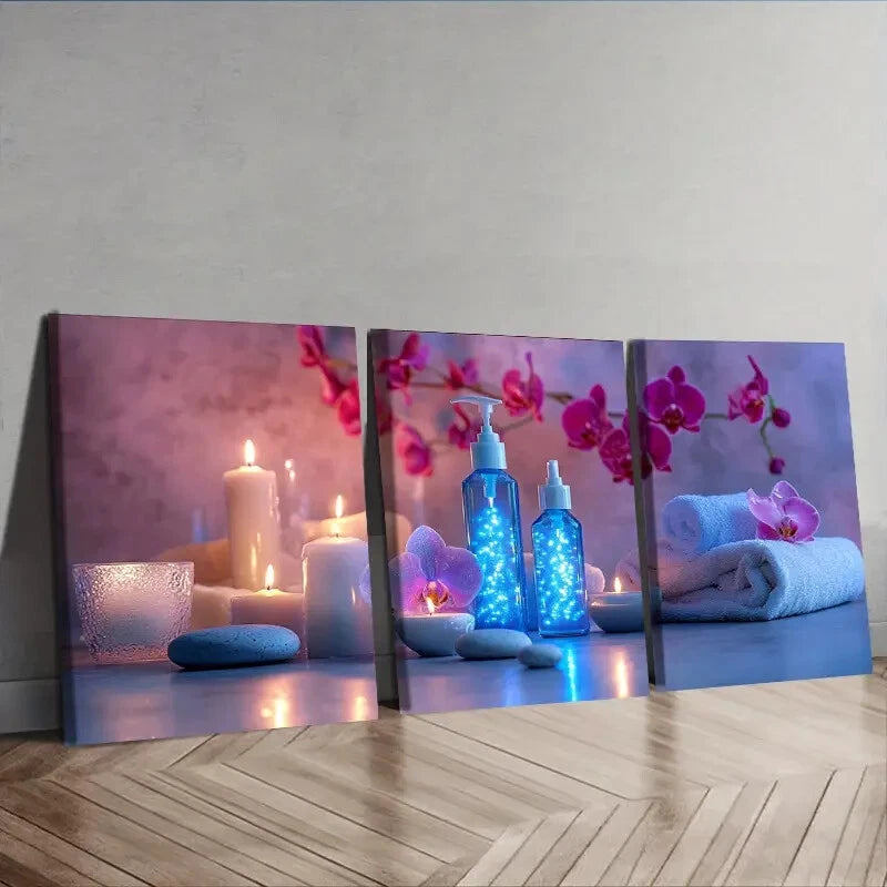 3-Piece Spa Candle Wall Art Set - Framed Canvas 40x60cm - High Quality Print - 100% Australian Made - Ready to Hang - Perfect for Bathroom Decor, Relaxation Spaces & Home Spa Ambiance