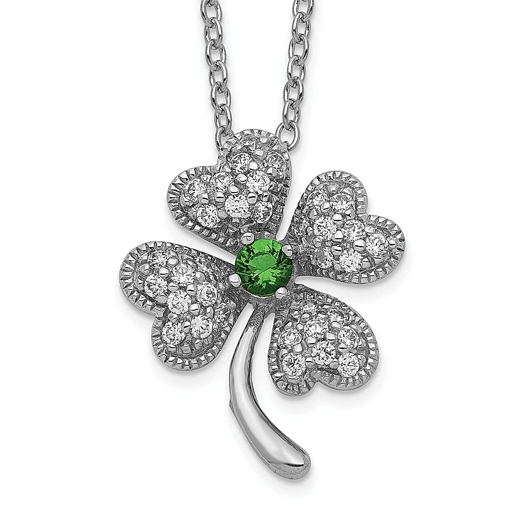 925 Sterling Silver Green Glass & White Cubic Zirconia Four Leaf Clover Pendant Necklace - 18