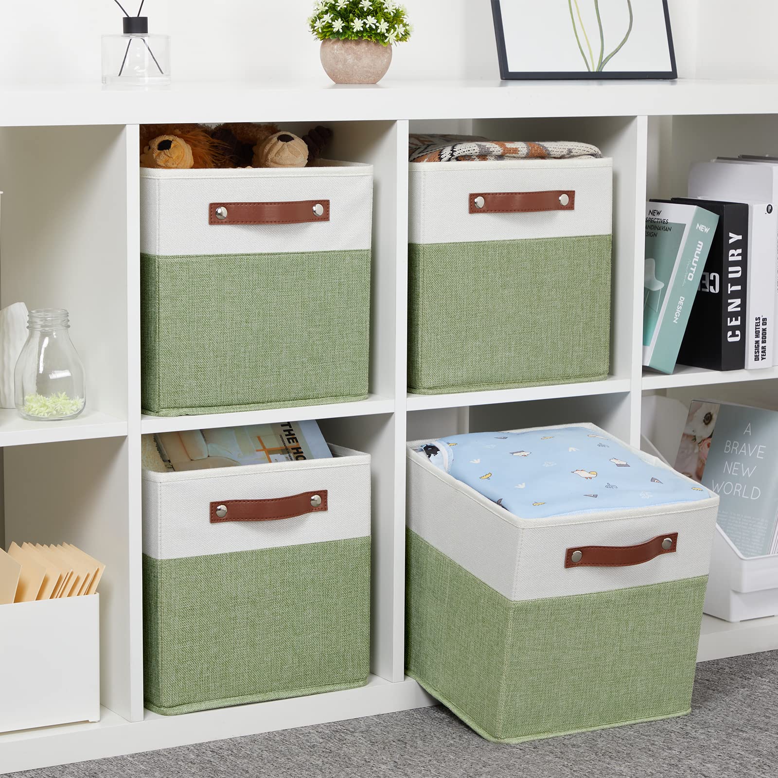 HNZIGE 11x11 Inch Fabric Storage Bins, Set of 4 Foldable Cube Organizer Bins with Handles for Shelves - Green & White | Perfect for Home Organization, Nursery, Closet & Toy Storage