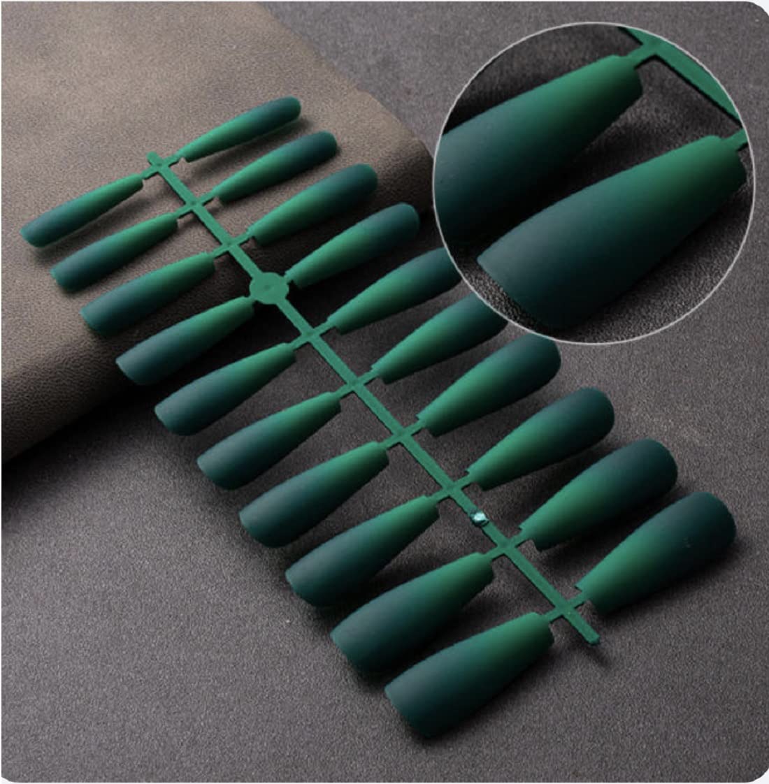 24 Pcs Green Gradient Press On Nails - Matte Long Coffin Ballerina Fake Nails with Glue & Stickers - Artificial Nail Extensions Set for Women & Girls - Perfect for Parties, Weddings & Daily Wear