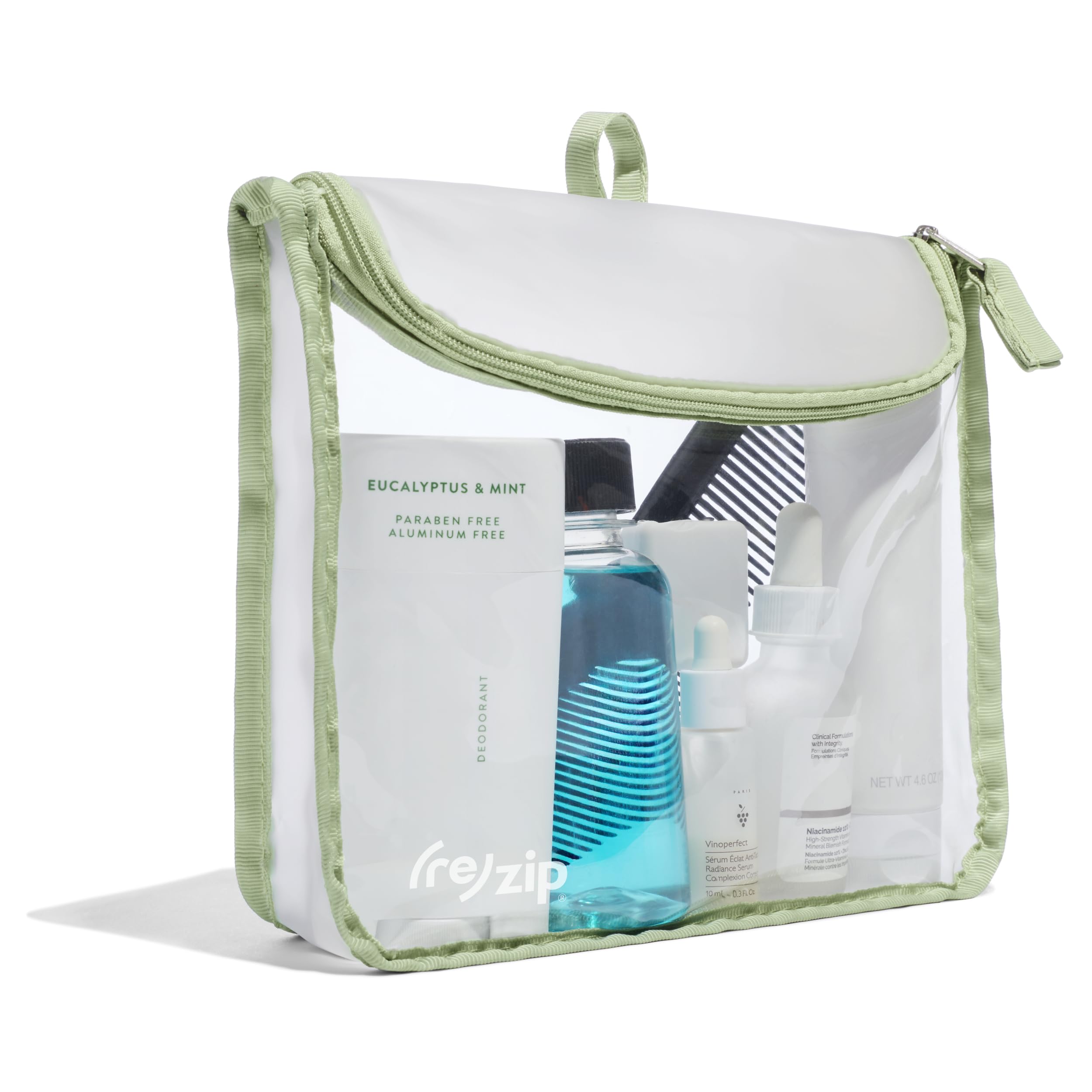 TSA-Compliant Reusable Zippered Travel Quart Bag for Toiletries & Makeup | BPA-Free, Food Grade, Machine Washable Storage Organizer | Clear with Sage Piping | Perfect for Air Travel, Gym, and Daily Essentials Organization