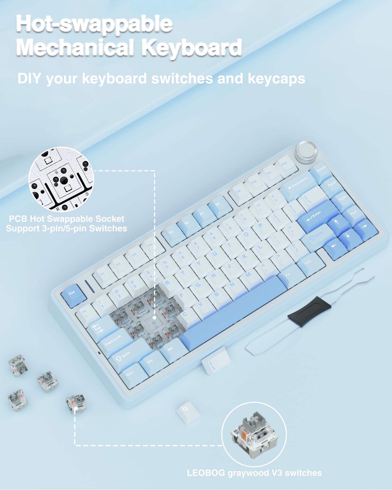 AULA F75 75% Wireless Mechanical Keyboard - RGB Backlit, Hot Swappable, Greywood Switches for Gaming & Typing (Sea Salt Blue)