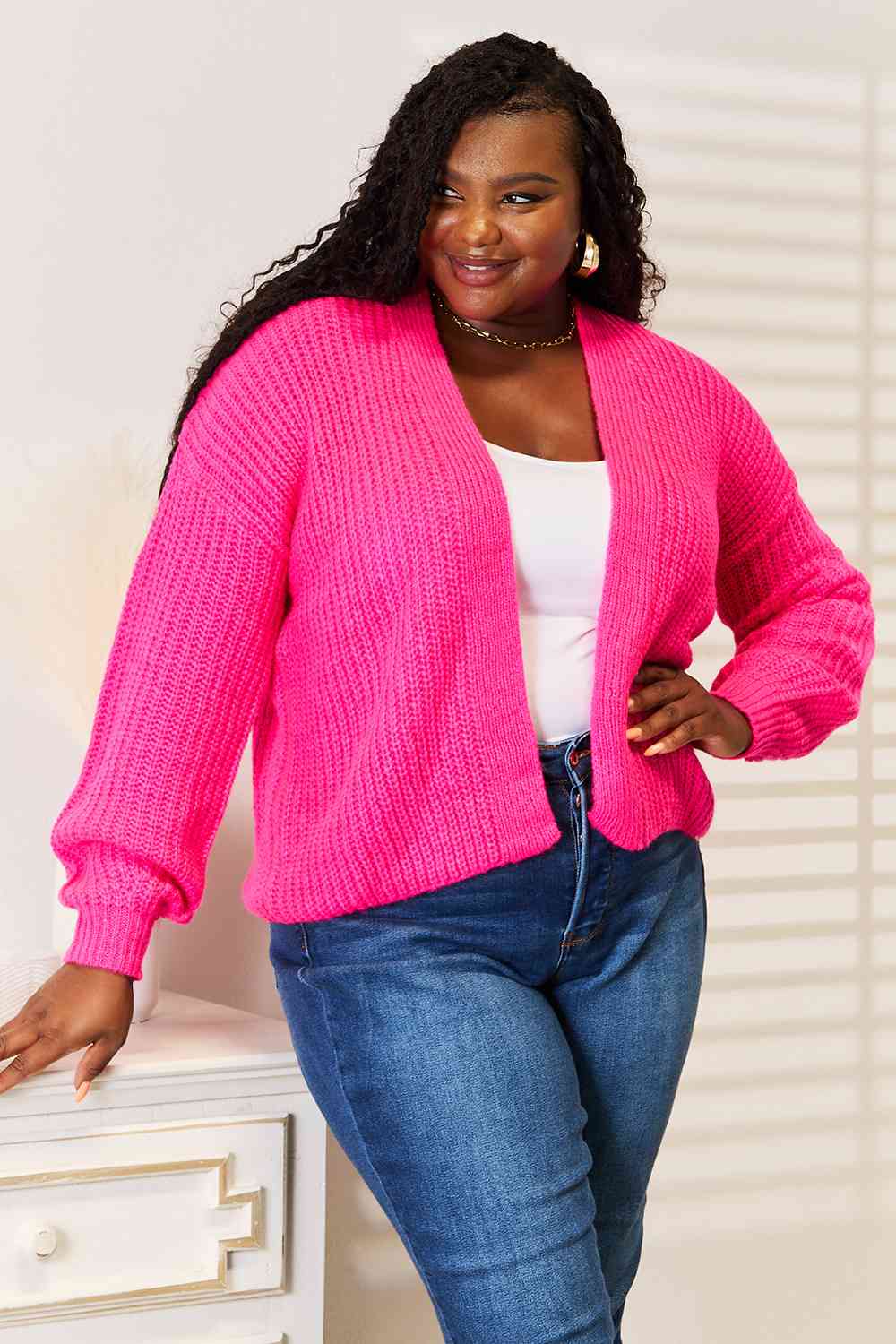 Stylish Hot Pink Rib Knit Open Front Drop Shoulder Cardigan Sweater for Women | Cozy Fall & Winter Fashion | Perfect for Casual Outings, Office Wear, and Date Nights