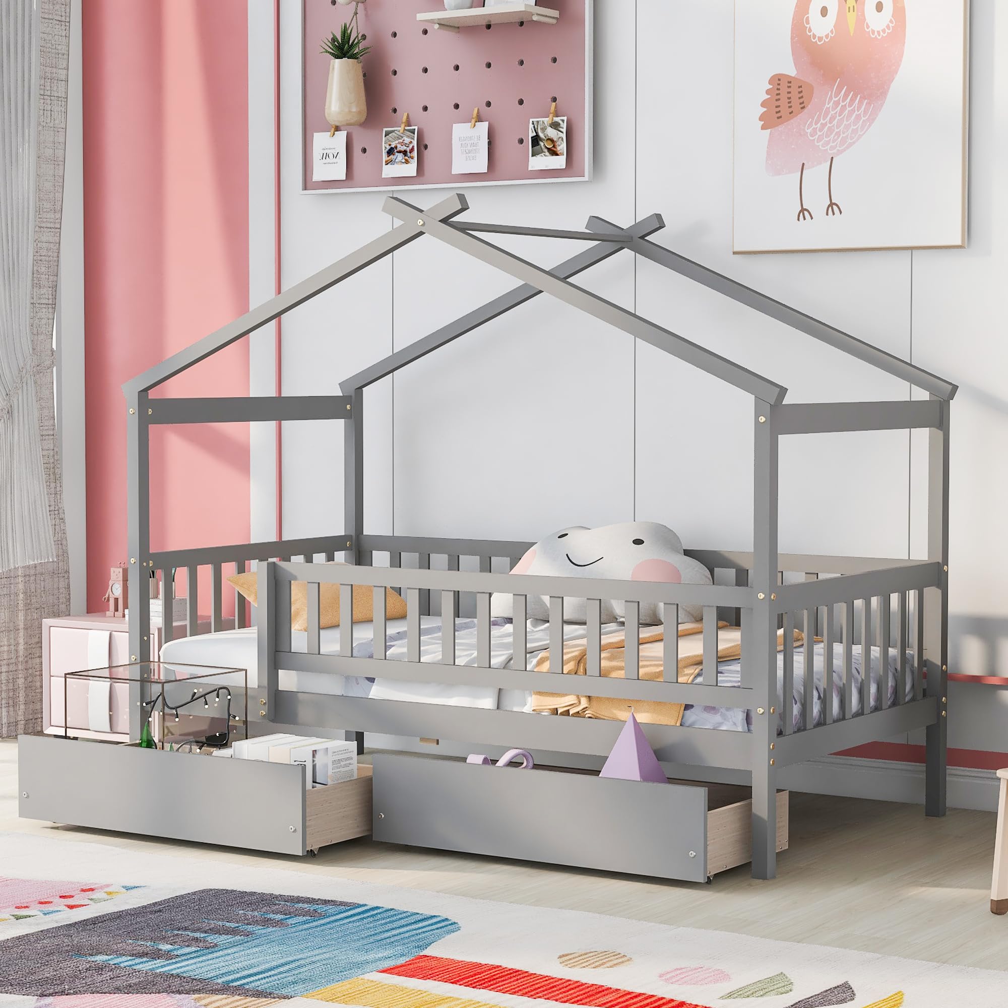 Merax Twin Size Wooden House Bed Frame with Roof & Safety Guardrail - 2 Storage Drawers for Kids, Teens, Boys & Girls - Gray - Perfect for Bedrooms, Playrooms & Kids' Room Decor